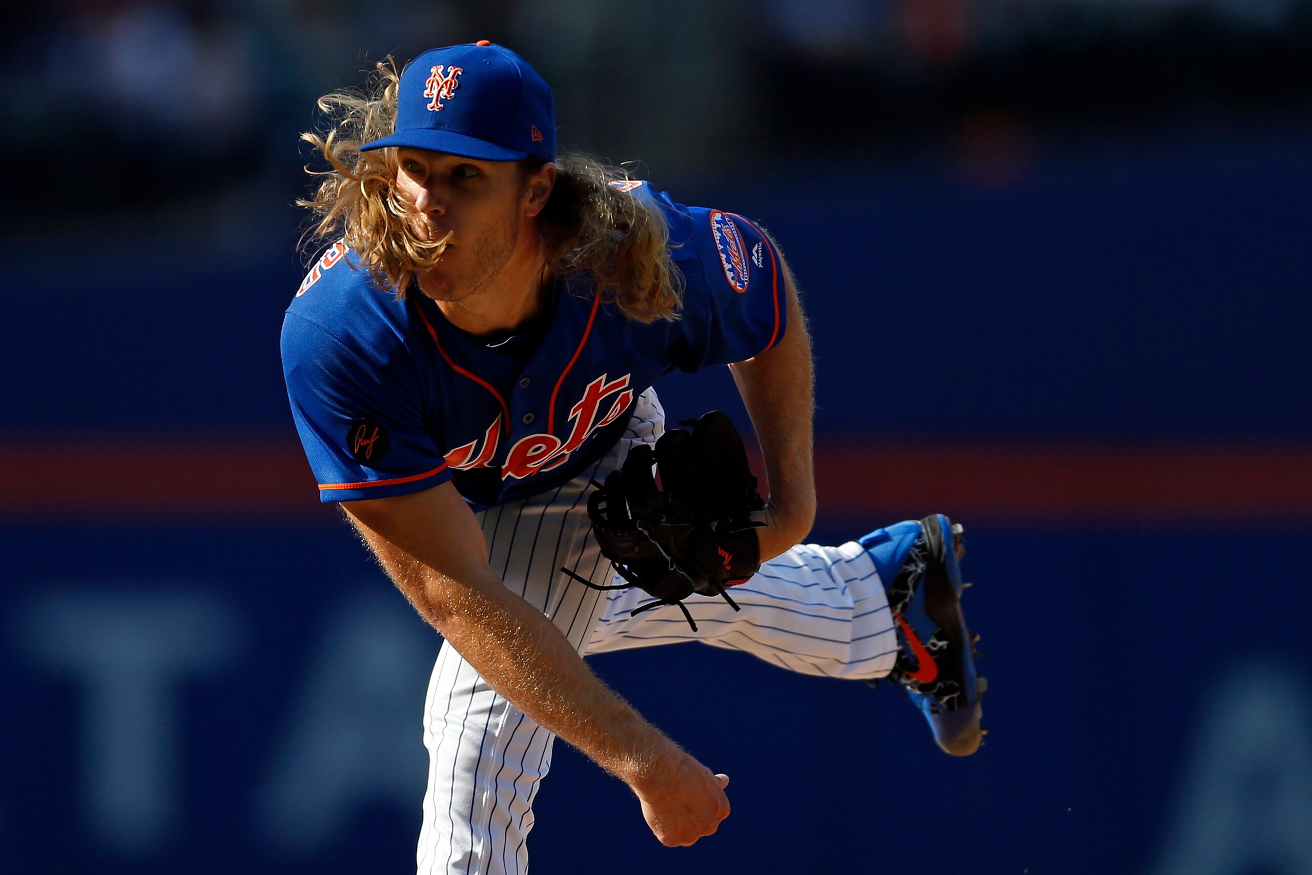 NEW YORK, NY - SEPTEMBER 30: Noah Syndergaard #34 of the New York Mets pitches during the third inning against the Miami Marlins at Citi Field on September 30, 2018 in the Flushing neighborhood of the Queens borough of New York City. (Photo by Adam Hunger