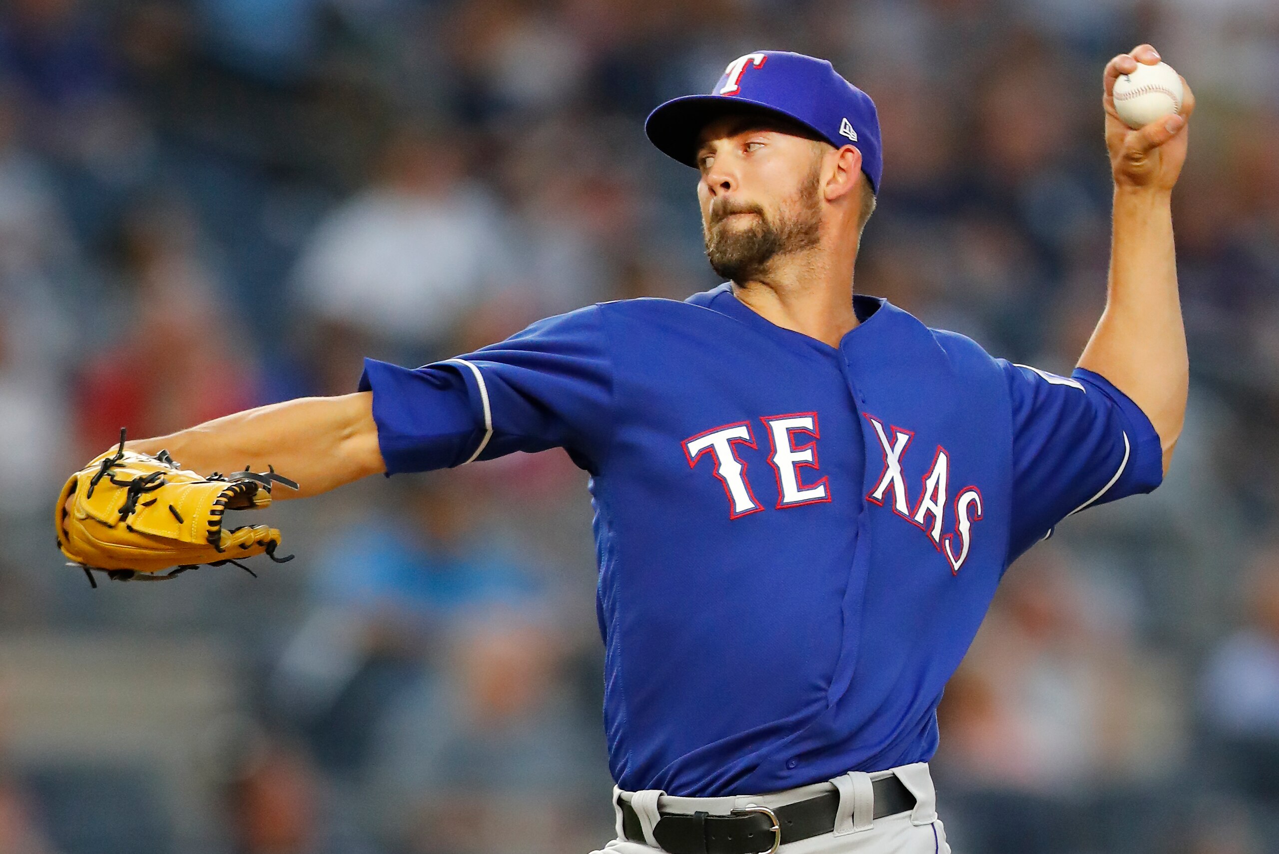 NEW YORK, NY - AUGUST 10:  Pitcher Mike Minor #36 of the Texas Rangers in action during an MLB baseball game against the New York Yankees on August 10, 2018 at Yankee Stadium in the Bronx borough of New York City. Texas won 12-7. (Photo by Paul Bereswill/