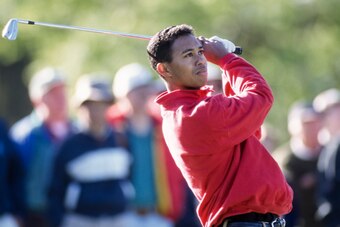 PALO ALTO, CA -  1995:  Tiger Woods of Stanford University plays in an NCAA golf tournament in 1995 on the Stanford University Golf Course in Palo Alto, California.  Woods was a college sophomore at the time.  (Photo by David Madison/Getty Images)