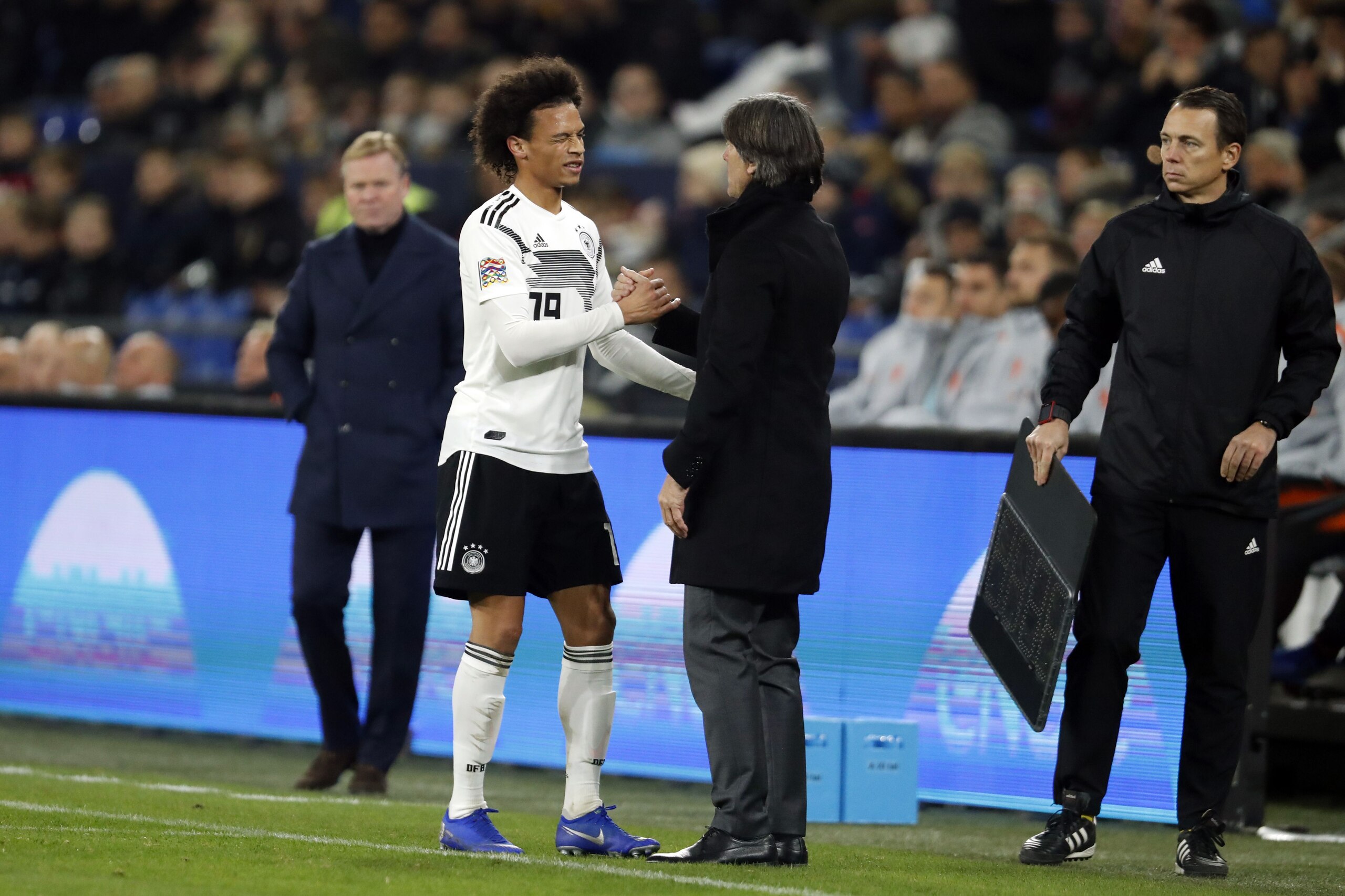(l-r) Leroy Sane of Germany, Germany coach Joachim Low during the UEFA Nations League A group 1 qualifying match between Germany and The Netherlands at the Veltins Arena on November 19, 2018 in Gelsenkirchen, Germany(Photo by VI Images via Getty Images)