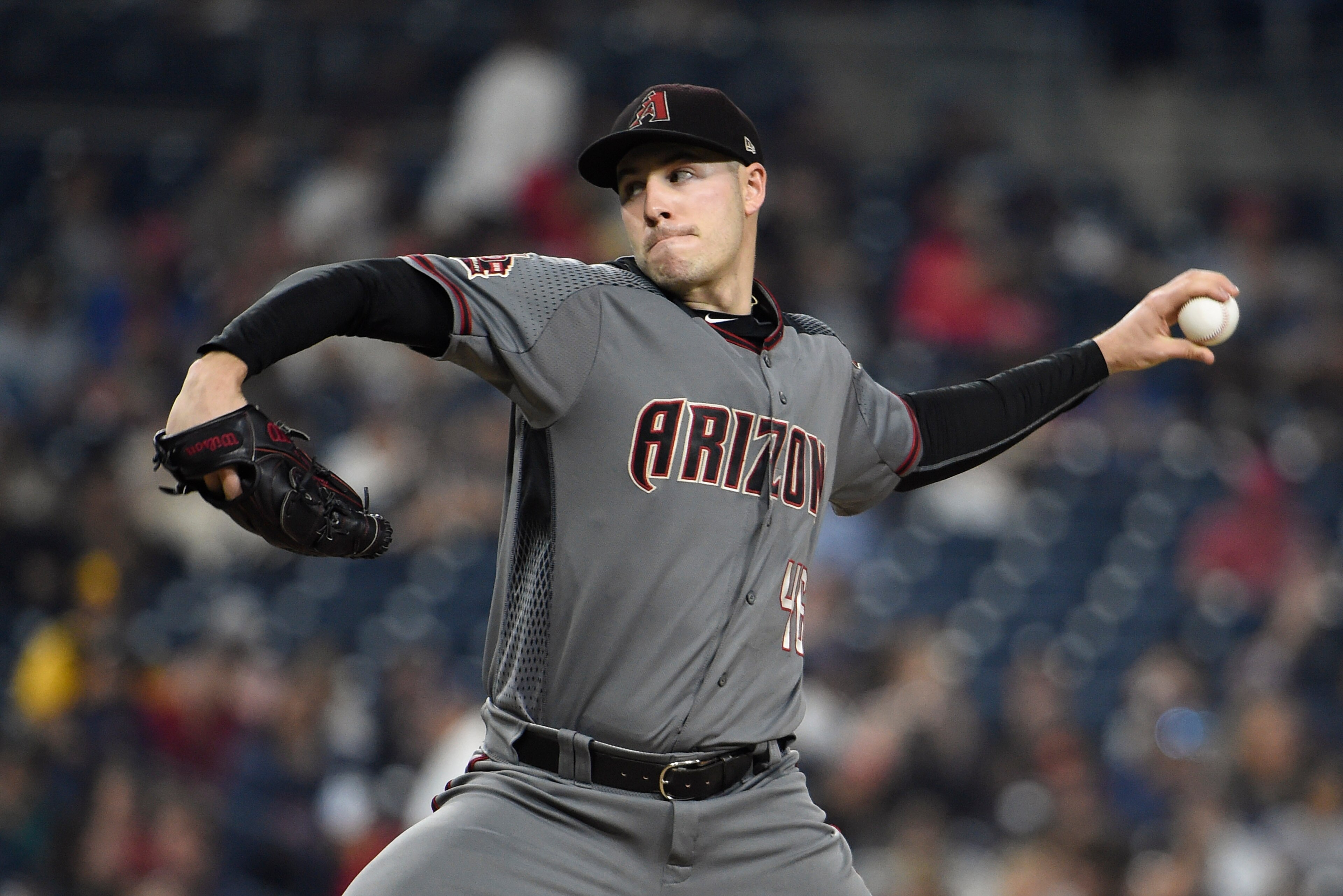 SAN DIEGO, CA - SEPTEMBER 28: Patrick Corbin #46 of the Arizona Diamondbacks pitches during the first inning of a baseball game against the San Diego Padres at PETCO Park on September 28, 2018 in San Diego, California. (Photo by Denis Poroy/Getty Images)