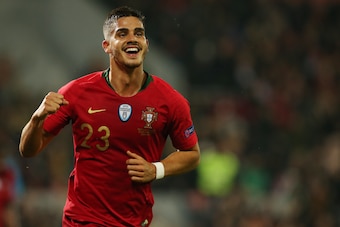 GUIMARAES, PORTUGAL - NOVEMBER 20: Andre Silva of Portugal and Sevilla celebrates after scoring a goal during the UEFA Nations League A - Group 3 match between Portugal and Poland at Estadio D. Afonso Henriques on November 20, 2018 in Guimaraes, Portugal.