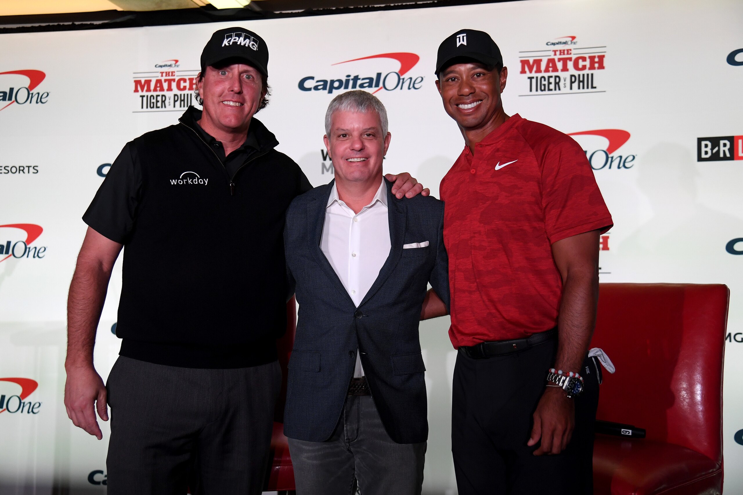 LAS VEGAS, NV - NOVEMBER 20: (L-R) Phil Mickelson, president of Turner David Levy and Tiger Woods pose during a press conference before The Match at Shadow Creek Golf Course on November 20, 2018 in Las Vegas, Nevada. (Photo by Harry How/Getty Images for LAS VEGAS, NV - NOVEMBER 20: (L-R) Phil Mickelson, president of Turner David Levy and Tiger Woods pose during a press conference before The Match at Shadow Creek Golf Course on November 20, 2018 in Las Vegas, Nevada. (Photo by Harry How/Getty Images for