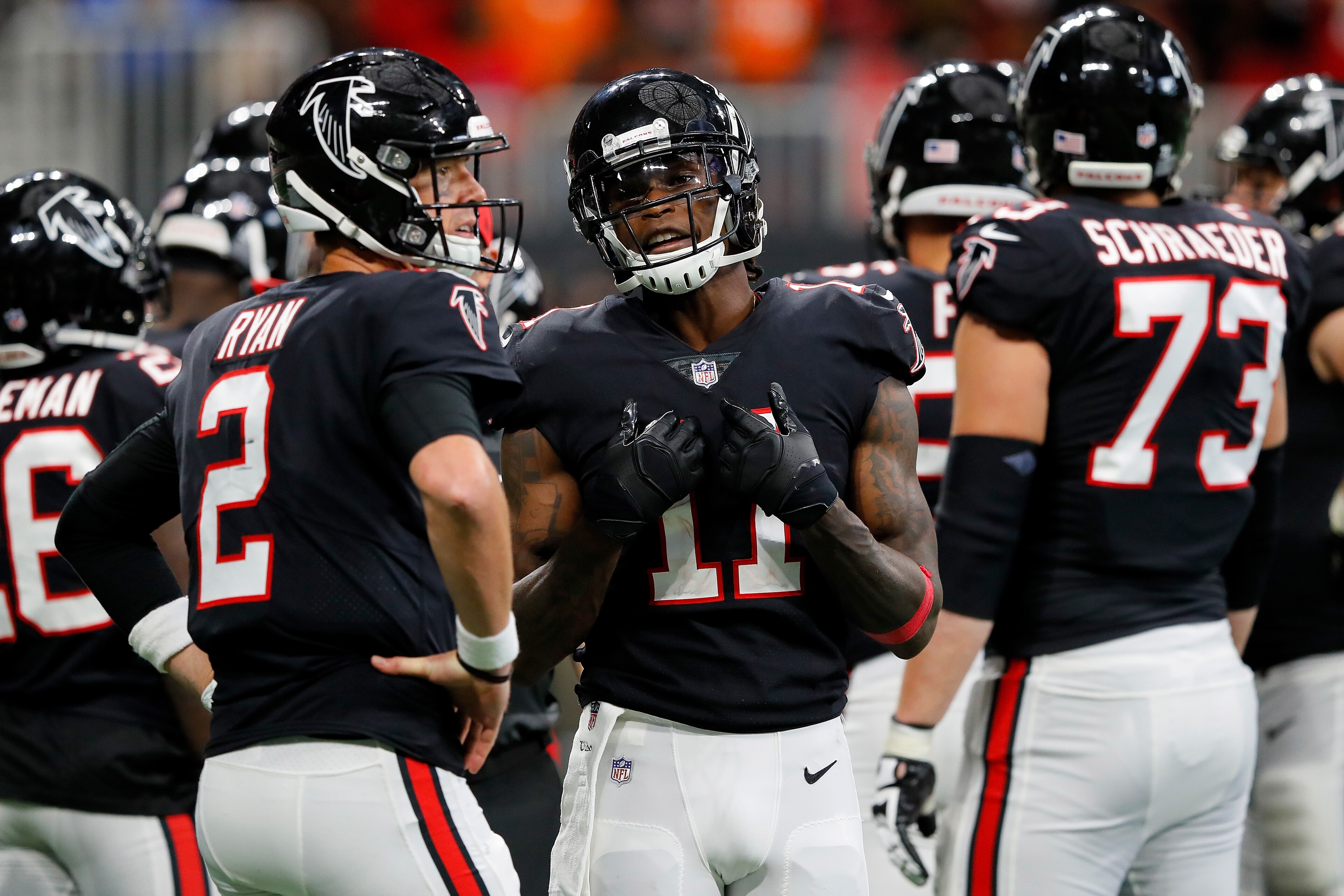ATLANTA, GA - SEPTEMBER 30: Julio Jones #11 talks to Matt Ryan #2 of the Atlanta Falcons in the huddle during the fourth quarter against the Cincinnati Bengals at Mercedes-Benz Stadium on September 30, 2018 in Atlanta, Georgia. (Photo by Kevin C. Cox/Gett