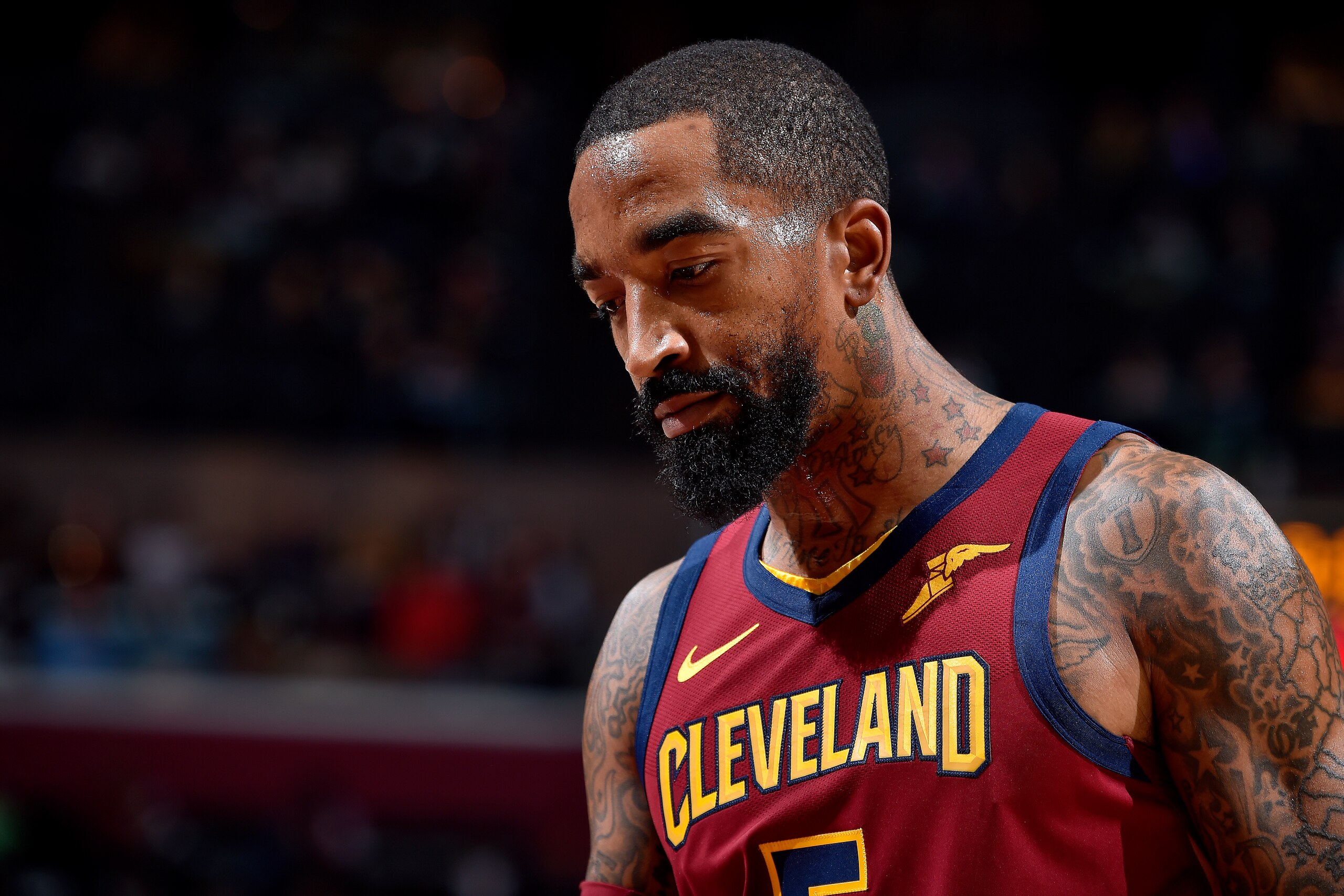CLEVELAND, OH - OCTOBER 27: JR Smith #5 of the Cleveland Cavaliers looks on against the Indiana Pacers on October 27, 2018 at Quicken Loans Arena in Cleveland, Ohio. NOTE TO USER: User expressly acknowledges and agrees that, by downloading and/or using th