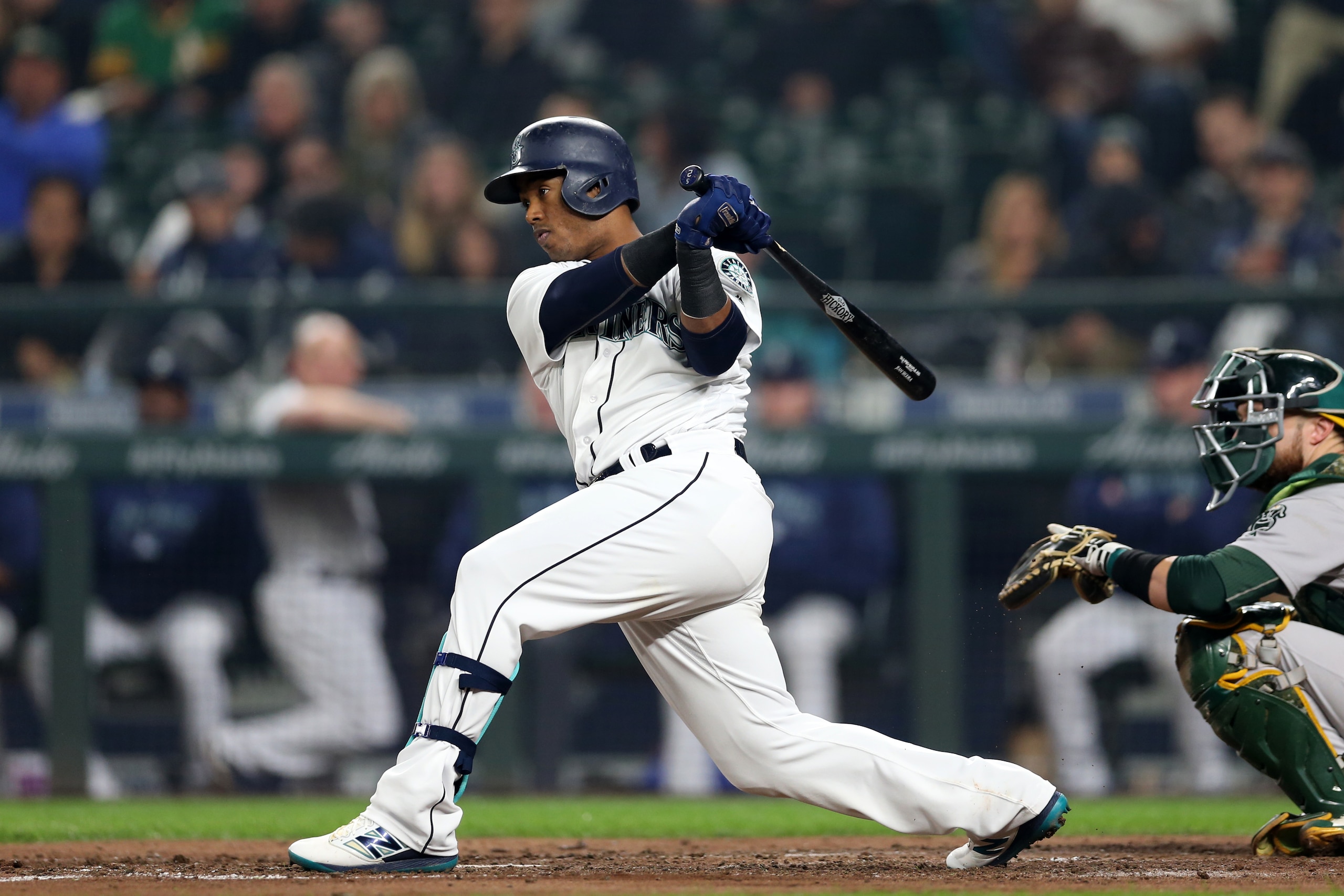 SEATTLE - SEPTEMBER 24:  Jean Segura #2 of the Seattle Mariners bats during the game against the Oakland Athletics at Safeco Field on September 24, 2018 in Seattle, Washington.  The Athletics defeated the Mariners 7-3.  (Photo by Rob Leiter/MLB Photos via