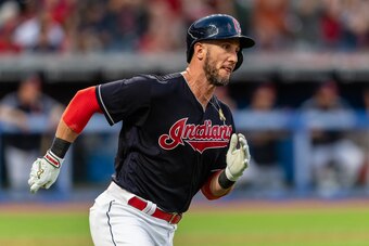 CLEVELAND, OH - SEPTEMBER 1: Yan Gomes #7 of the Cleveland Indians runs out an RBI double during the second inning against the Tampa Bay Rays at Progressive Field on September 1, 2018 in Cleveland, Ohio. (Photo by Jason Miller/Getty Images)