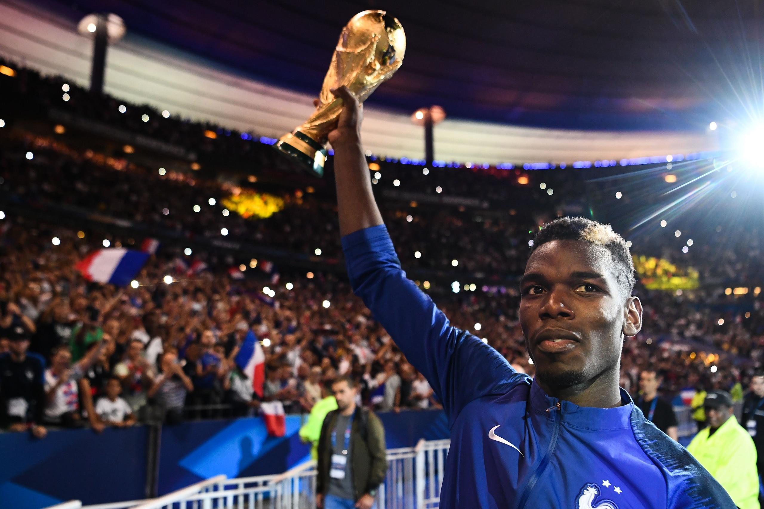 France's midfielder Paul Pogba holds the 2018 World Cup trophy as he celebrates with teammates during a ceremony for the victory of the 2018 World Cup at the end of the UEFA Nations League football match between France and Netherlands at the Stade de Fran France's midfielder Paul Pogba holds the 2018 World Cup trophy as he celebrates with teammates during a ceremony for the victory of the 2018 World Cup at the end of the UEFA Nations League football match between France and Netherlands at the Stade de Fran