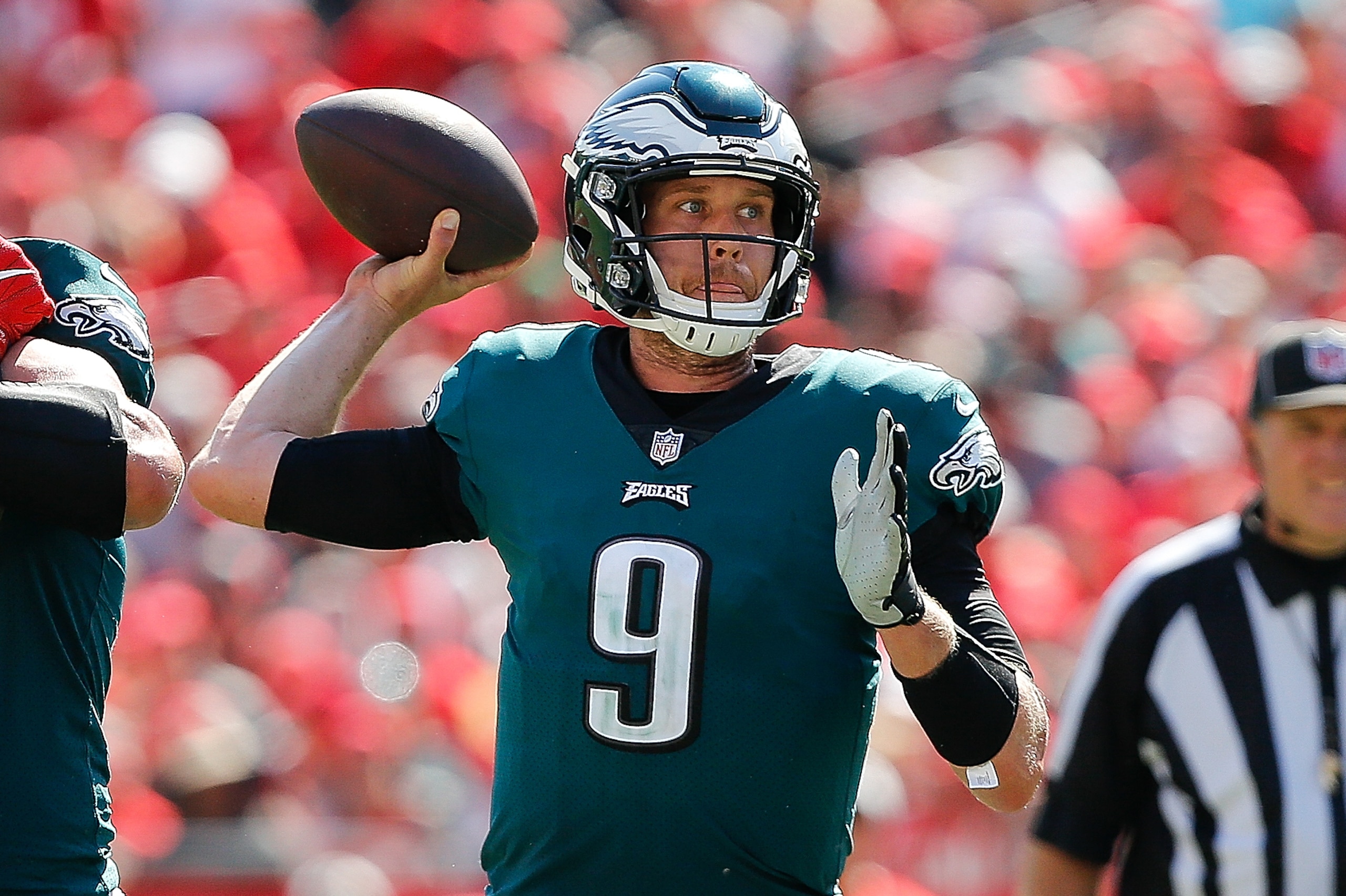 TAMPA, FL - SEPTEMBER 16:  Nick Foles #9 of the Philadelphia Eagles in action against the Tampa Bay Buccaneers at Raymond James Stadium on September 16, 2018 in Tampa, Florida.  (Photo by Michael Reaves/Getty Images)