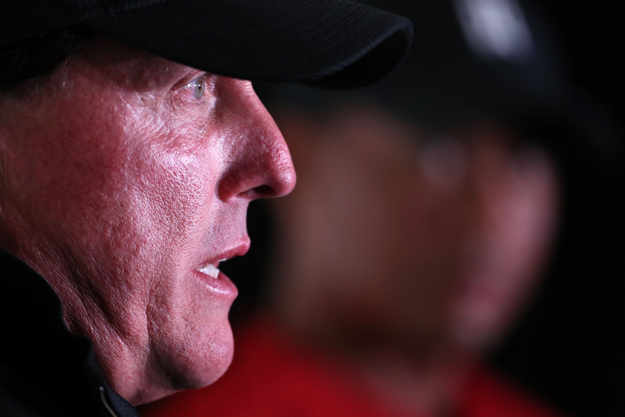 LAS VEGAS, NV - NOVEMBER 20:  (L-R) Phil Mickelson answers questions from the media alongside Tiger Woods during a press conference before The Match at Shadow Creek Golf Course on November 20, 2018 in Las Vegas, Nevada.  (Photo by Christian Petersen/Getty
