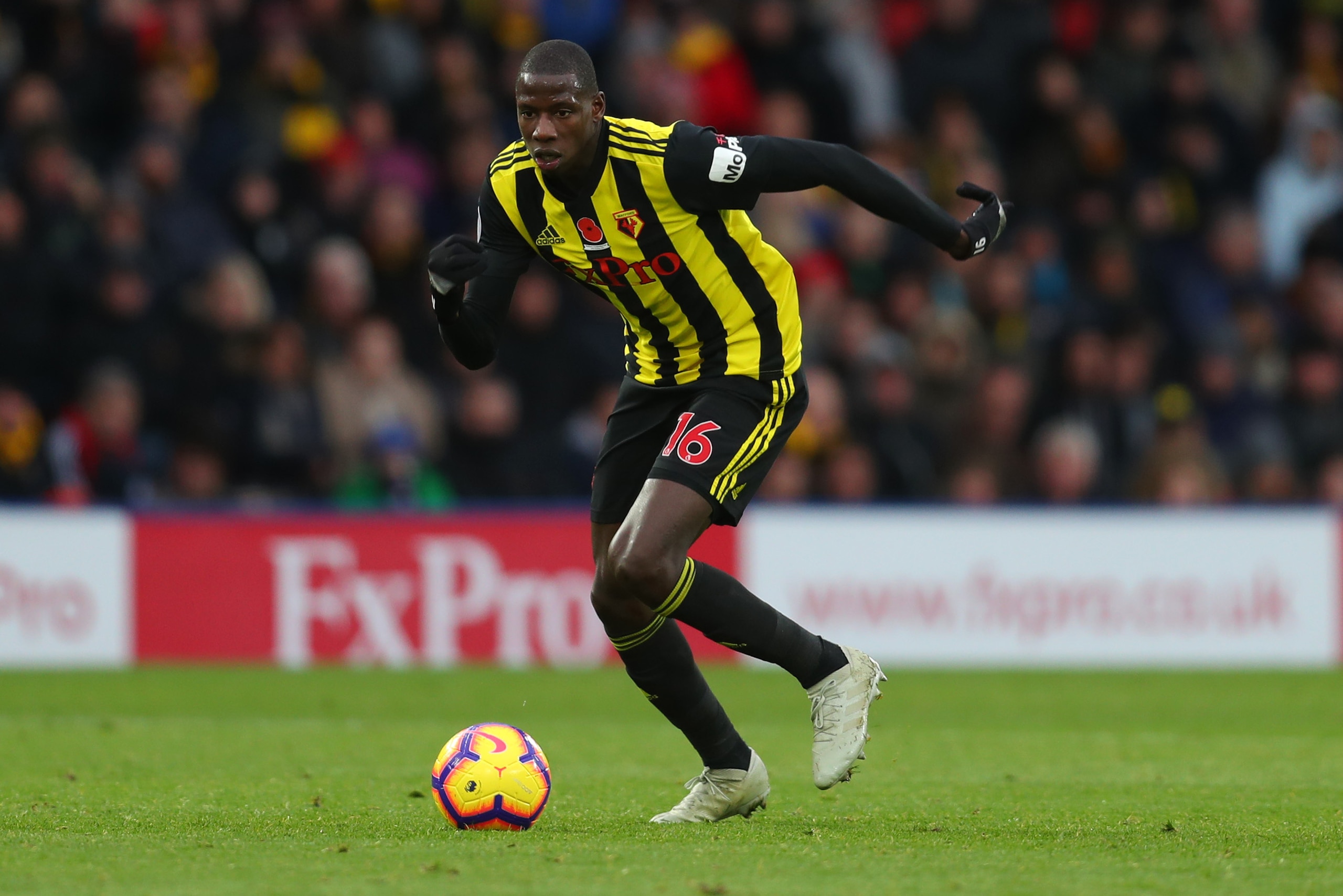 WATFORD, ENGLAND - OCTOBER 27: Abdoulaye Doucoure of Watford during the Premier League match between Watford FC and Huddersfield Town at Vicarage Road on October 27, 2018 in Watford, United Kingdom. (Photo by Catherine Ivill/Getty Images) WATFORD, ENGLAND - OCTOBER 27: Abdoulaye Doucoure of Watford during the Premier League match between Watford FC and Huddersfield Town at Vicarage Road on October 27, 2018 in Watford, United Kingdom. (Photo by Catherine Ivill/Getty Images)