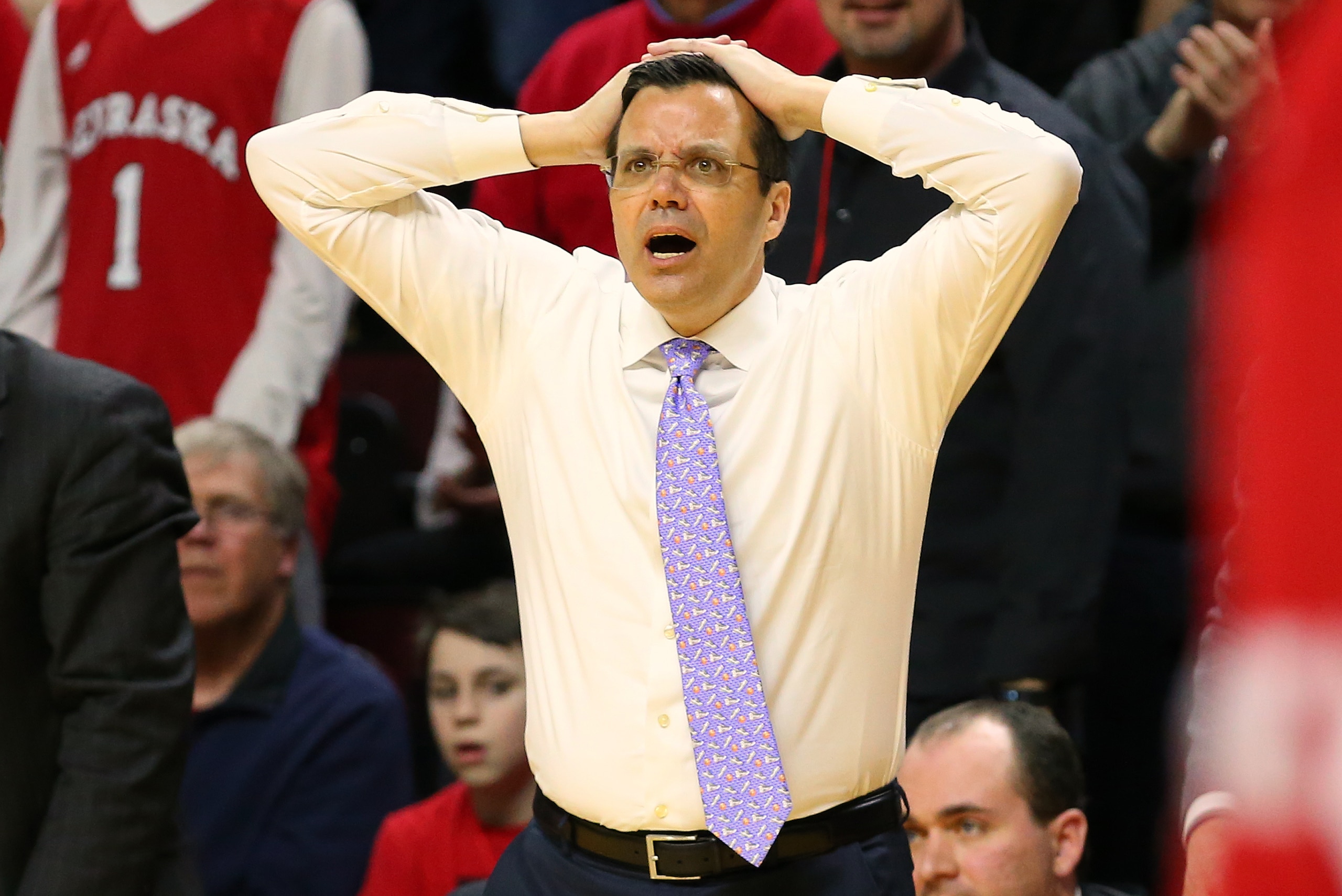 PISCATAWAY, NJ - JANUARY 24: Head Coach Tim Miles of the Nebraska Cornhuskers reacts to a call during the second half of a game against the Rutgers Scarlet Knights at Rutgers Athletic Center on January 24, 2018 in Piscataway, New Jersey. Nebraska defeated PISCATAWAY, NJ - JANUARY 24: Head Coach Tim Miles of the Nebraska Cornhuskers reacts to a call during the second half of a game against the Rutgers Scarlet Knights at Rutgers Athletic Center on January 24, 2018 in Piscataway, New Jersey. Nebraska defeated