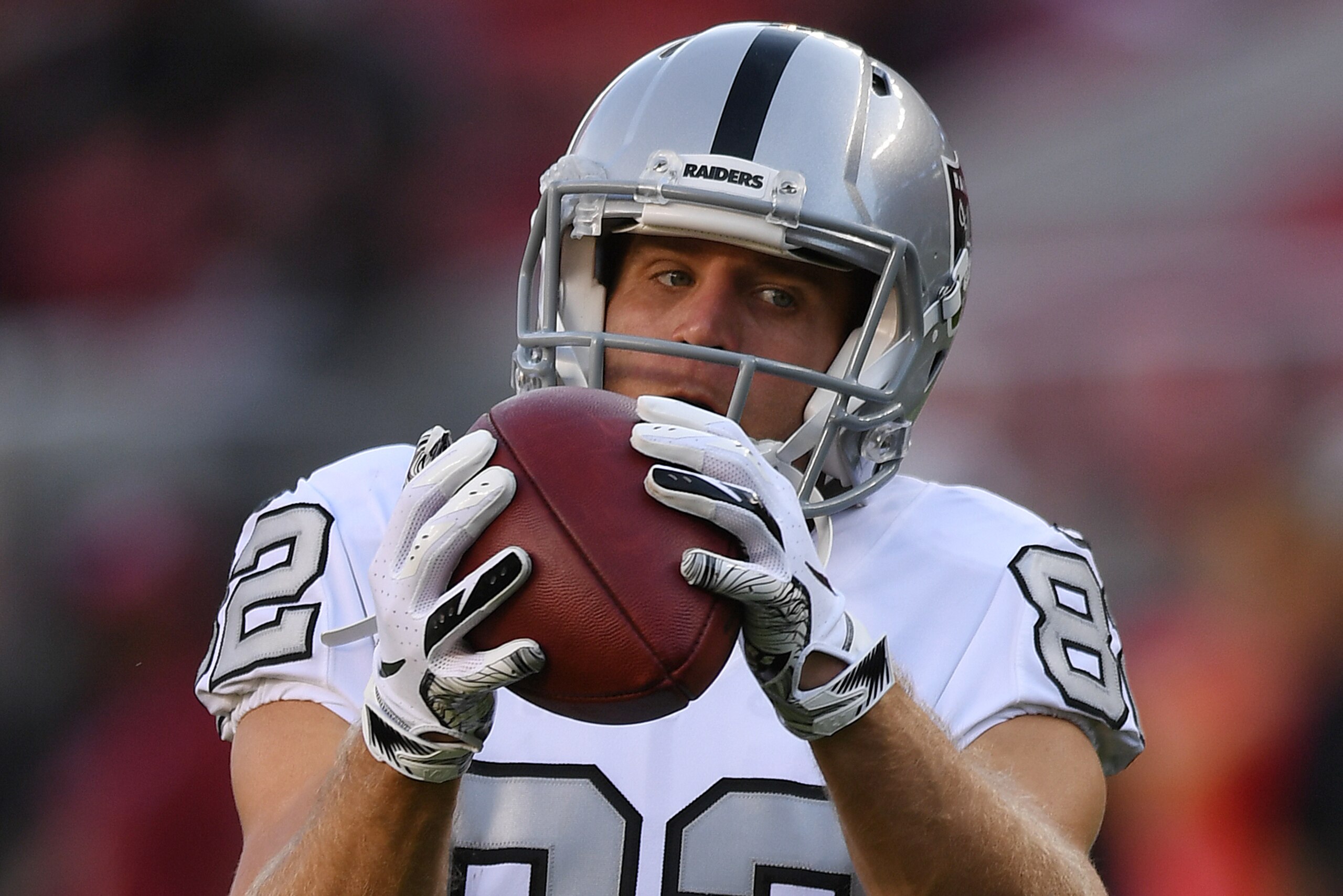 SANTA CLARA, CA - NOVEMBER 01: Jordy Nelson #82 of the Oakland Raiders warms up prior to their game against the San Francisco 49ers at Levi's Stadium on November 1, 2018 in Santa Clara, California. (Photo by Thearon W. Henderson/Getty Images)