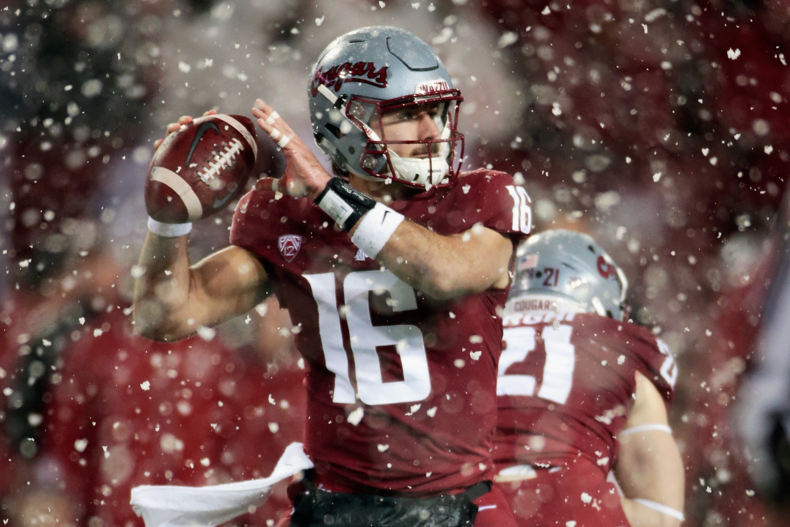 PULLMAN, WA - NOVEMBER 23: Quarterback Gardner Minshew II #16 of the Washington State Cougars throws a pass against the Washington Huskies in the first half at Martin Stadium during the 111th Apple Cup on November 23, 2018 in Pullman, Washington. (Photo PULLMAN, WA - NOVEMBER 23: Quarterback Gardner Minshew II #16 of the Washington State Cougars throws a pass against the Washington Huskies in the first half at Martin Stadium during the 111th Apple Cup on November 23, 2018 in Pullman, Washington. (Photo
