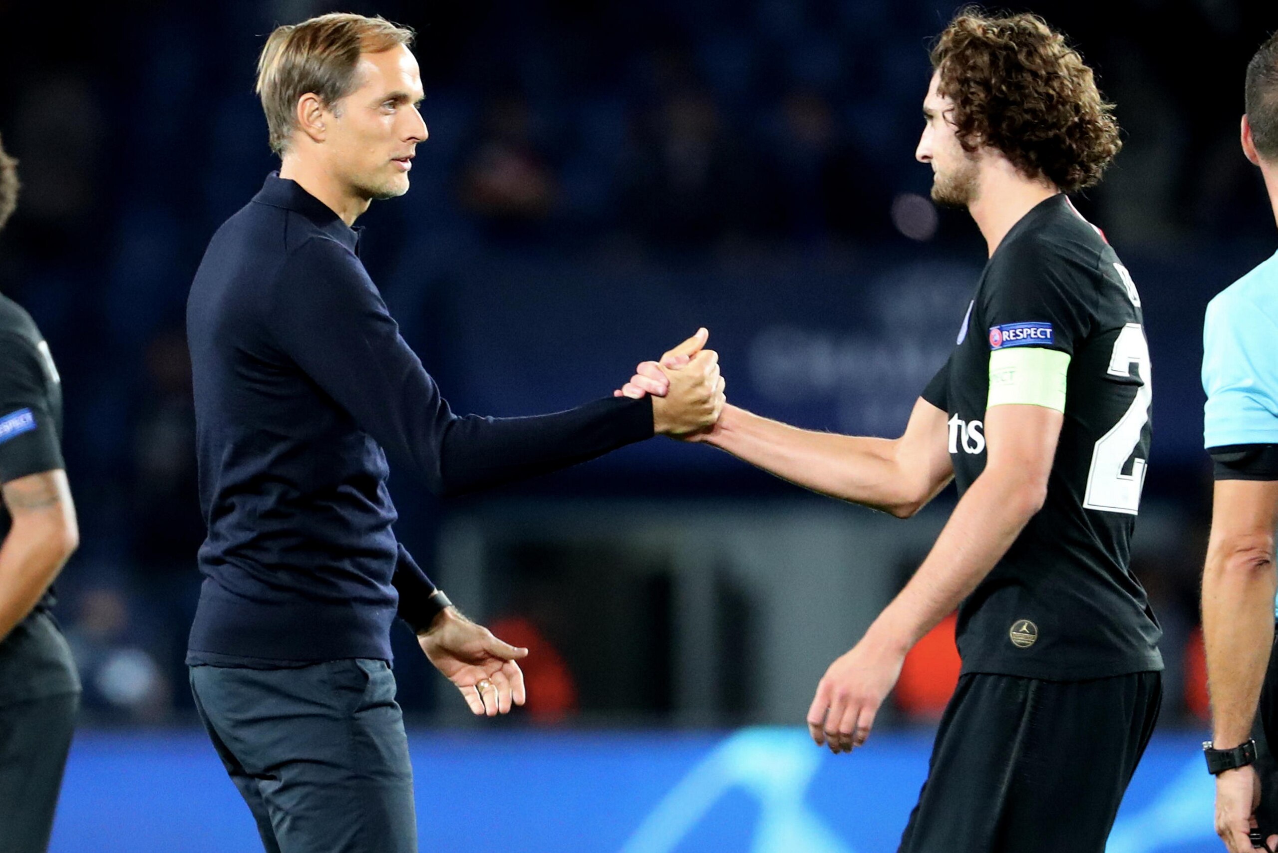 PARIS, FRANCE - OCTOBER 03:  Adrien Rabiot of Paris Saint-Germain celebrates with head coach Thomas Tuchel after the Group C match of the UEFA Champions League between Paris Saint-Germain and Red Star Belgrade at Parc des Princes on October 3, 2018 in Par