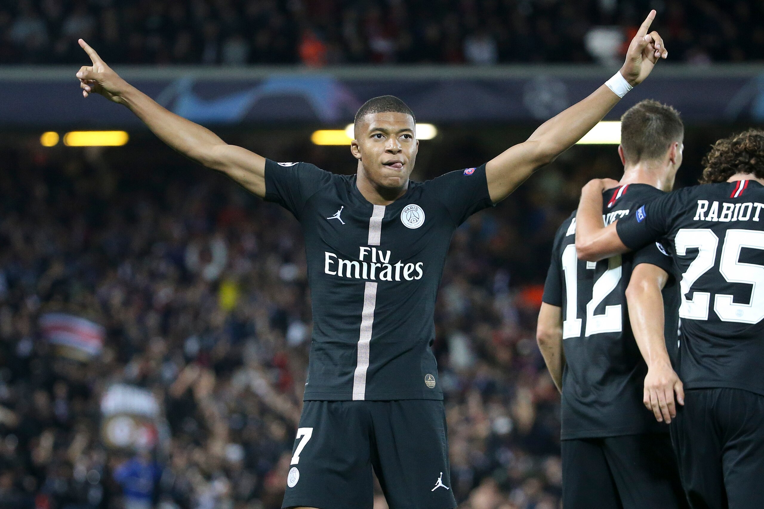 LIVERPOOL, ENGLAND - SEPTEMBER 18: Kylian Mbappe of PSG celebrates his goal during the Group C match of the UEFA Champions League between Liverpool FC and Paris Saint-Germain (PSG) at Anfield on September 18, 2018 in Liverpool, United Kingdom. (Photo by J