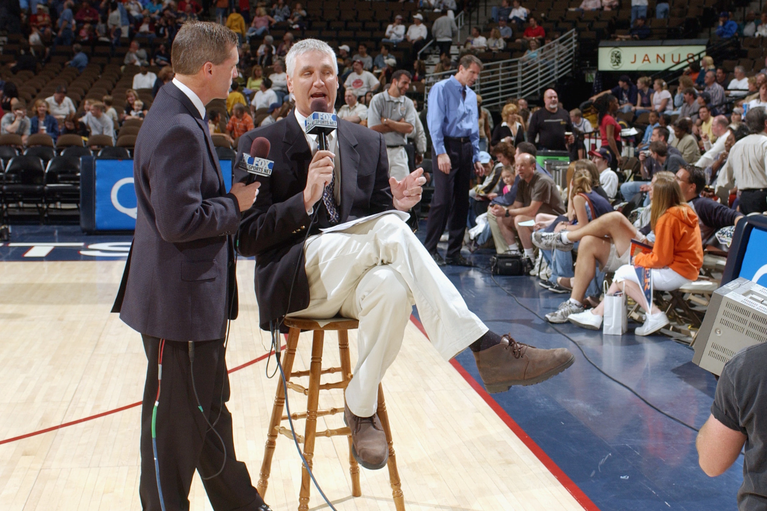 DENVER - APRIL 12:  Scott Hastings and Jerry Schimmel work the television broadcast before the game between the Los Angeles Clippers and the Denver Nuggets at Pepsi Center on April 12, 2003 in Denver, Colorado.  The Clippers won 101-79.   NOTE TO USER: Us