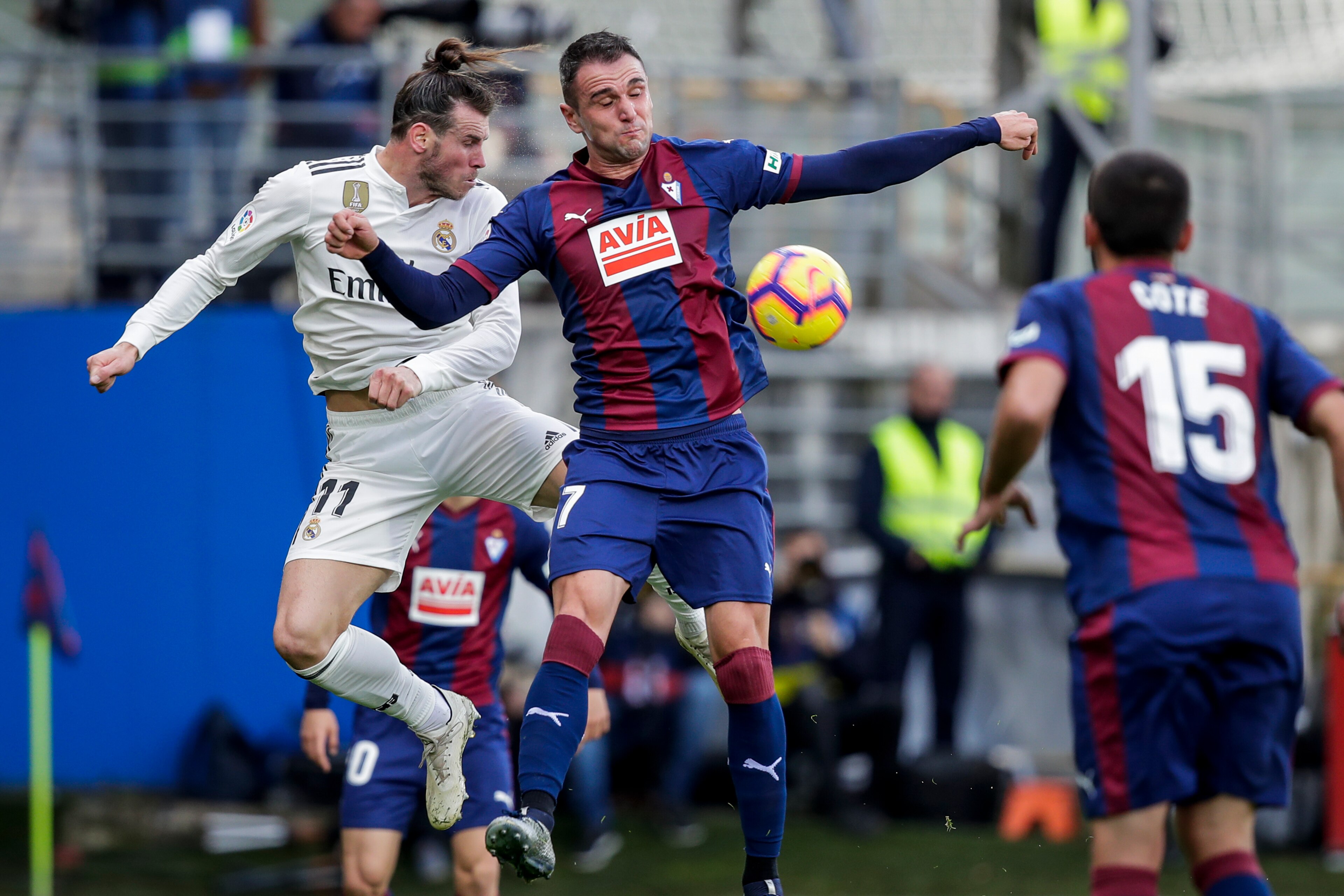EIBAR, SPAIN - NOVEMBER 24: Gareth Bale of Real Madrid, Kike of SD Eibar, Jose Angel of SD Eibar during the La Liga Santander match between Eibar v Real Madrid at the Estadio Municipal de Ipurua on November 24, 2018 in Eibar Spain (Photo by David S. Bust EIBAR, SPAIN - NOVEMBER 24: Gareth Bale of Real Madrid, Kike of SD Eibar, Jose Angel of SD Eibar during the La Liga Santander match between Eibar v Real Madrid at the Estadio Municipal de Ipurua on November 24, 2018 in Eibar Spain (Photo by David S. Bust