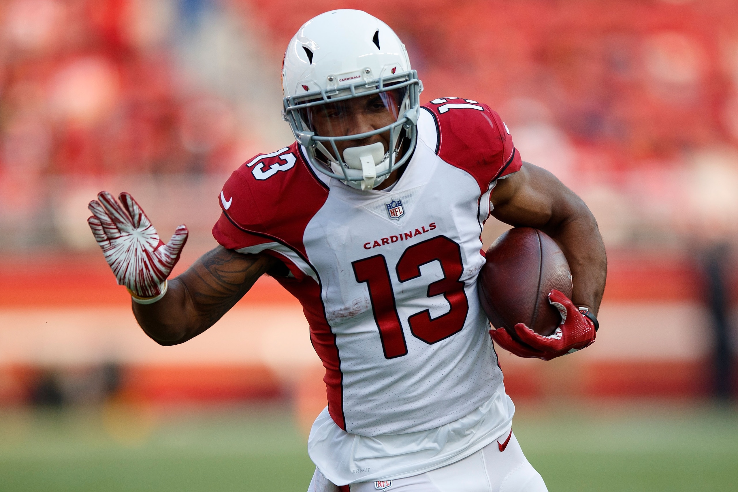 SANTA CLARA, CA - OCTOBER 07: Wide receiver Christian Kirk #13 of the Arizona Cardinals rushes up field against the San Francisco 49ers during the fourth quarter at Levi's Stadium on October 7, 2018 in Santa Clara, California. The Arizona Cardinals defeat