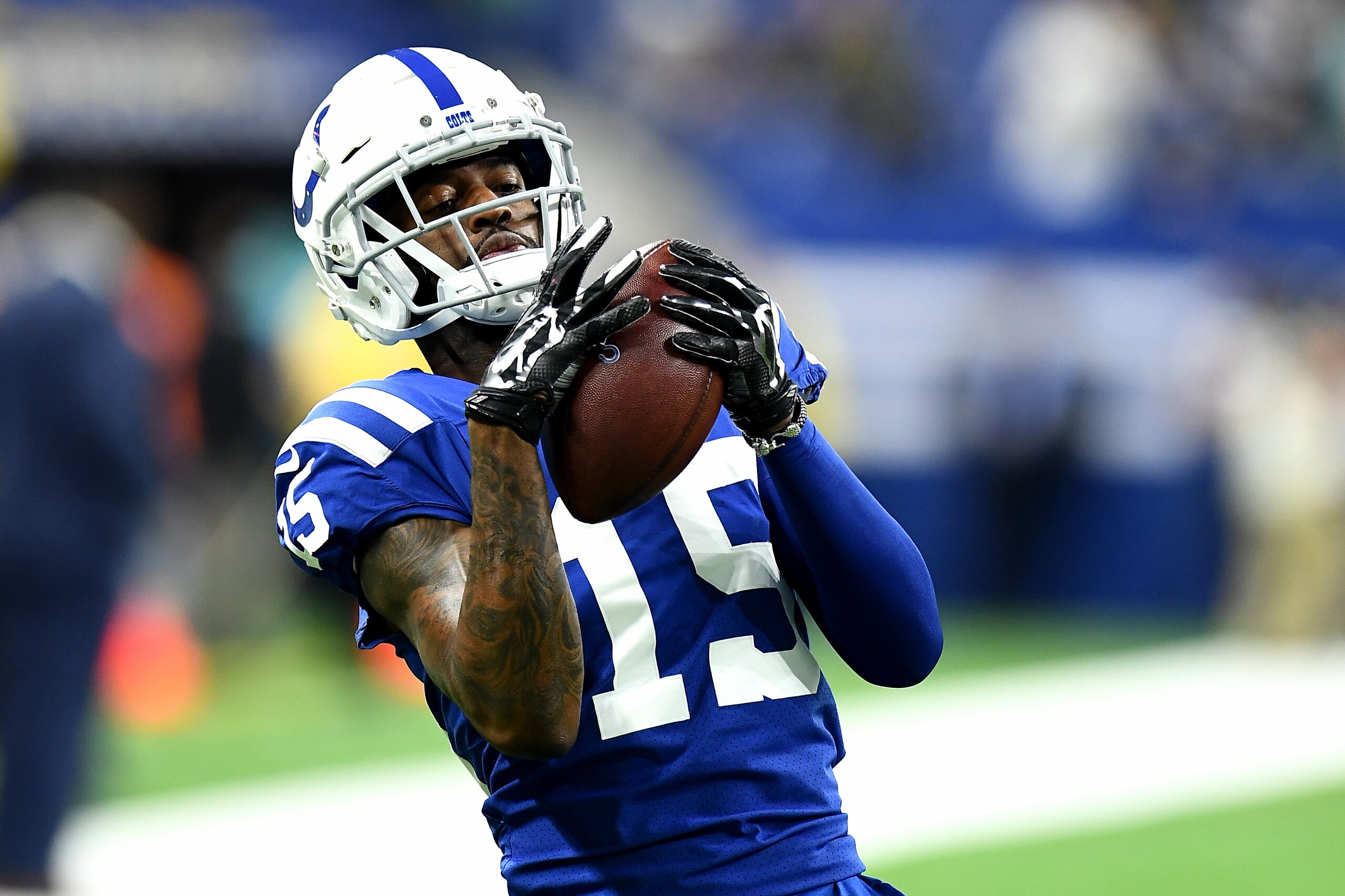 INDIANAPOLIS, INDIANA - NOVEMBER 25: Dontrelle Inman #15 of the Indianapolis Colts warms up in the game against the Miami Dolphins at Lucas Oil Stadium on November 25, 2018 in Indianapolis, Indiana. (Photo by Stacy Revere/Getty Images)