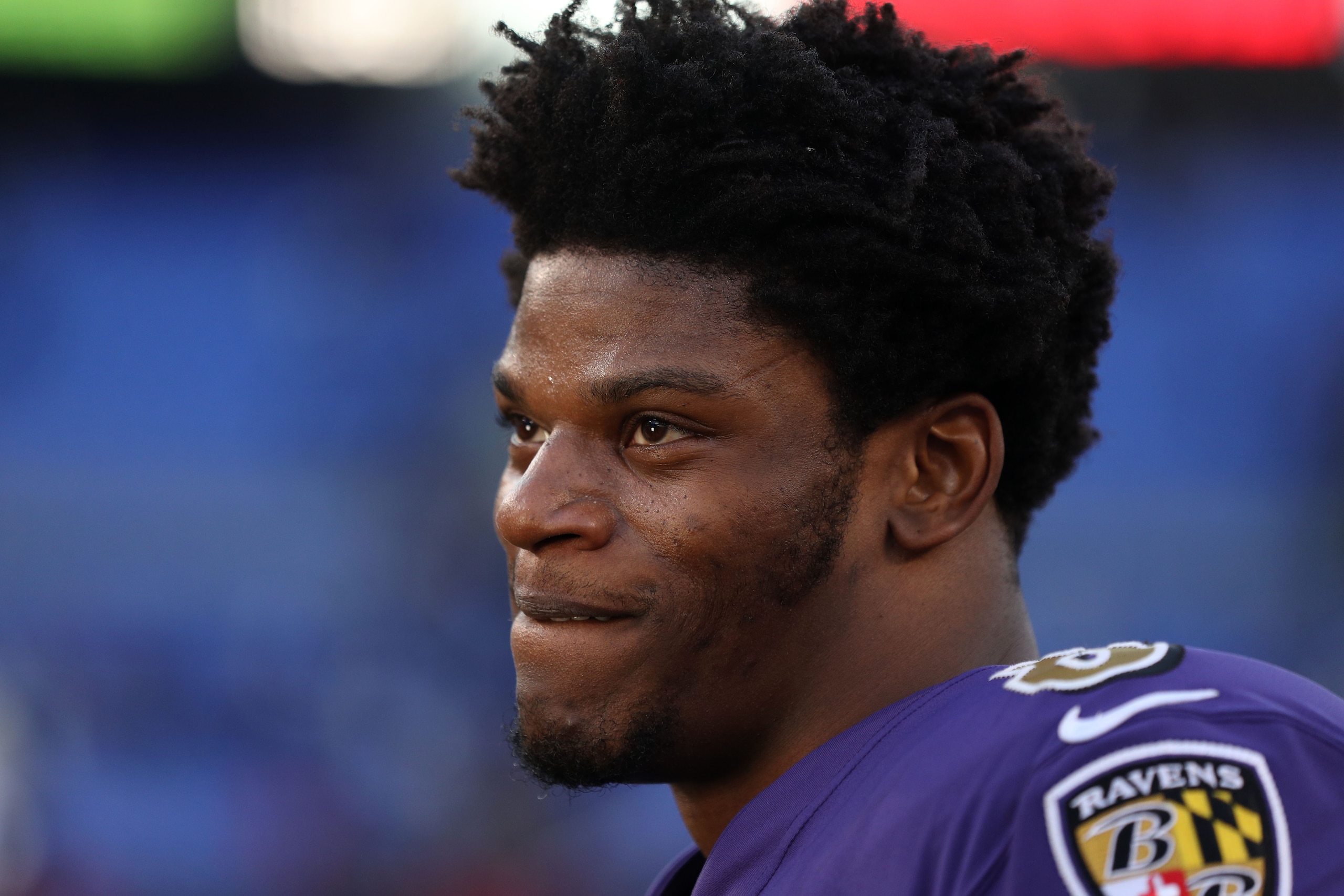 BALTIMORE, MARYLAND - NOVEMBER 25: Quarterback Lamar Jackson #8 of the Baltimore Ravens stands on the field after the Baltimore Ravens 34-17 win over the Oakland Raiders at M&T Bank Stadium on November 25, 2018 in Baltimore, Maryland. (Photo by Patrick Sm