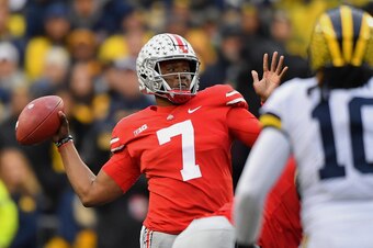 COLUMBUS, OH - NOVEMBER 24:  Quarterback Dwayne Haskins #7 of the Ohio State Buckeyes throws in the third quarter against the Michigan Wolverines at Ohio Stadium on November 24, 2018 in Columbus, Ohio. Ohio State defeated Michigan 62-39.  (Photo by Jamie 