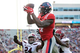 OXFORD, MS - SEPTEMBER 8:  D.K. Metcalf #14 of the Mississippi Rebels catches a pass during a game against the Southern Illinois Salukis at Vaught-Hemingway Stadium on September 8, 2018 in Oxford, Mississippi.  The Rebels defeated the Salukis 76-41.  (Pho
