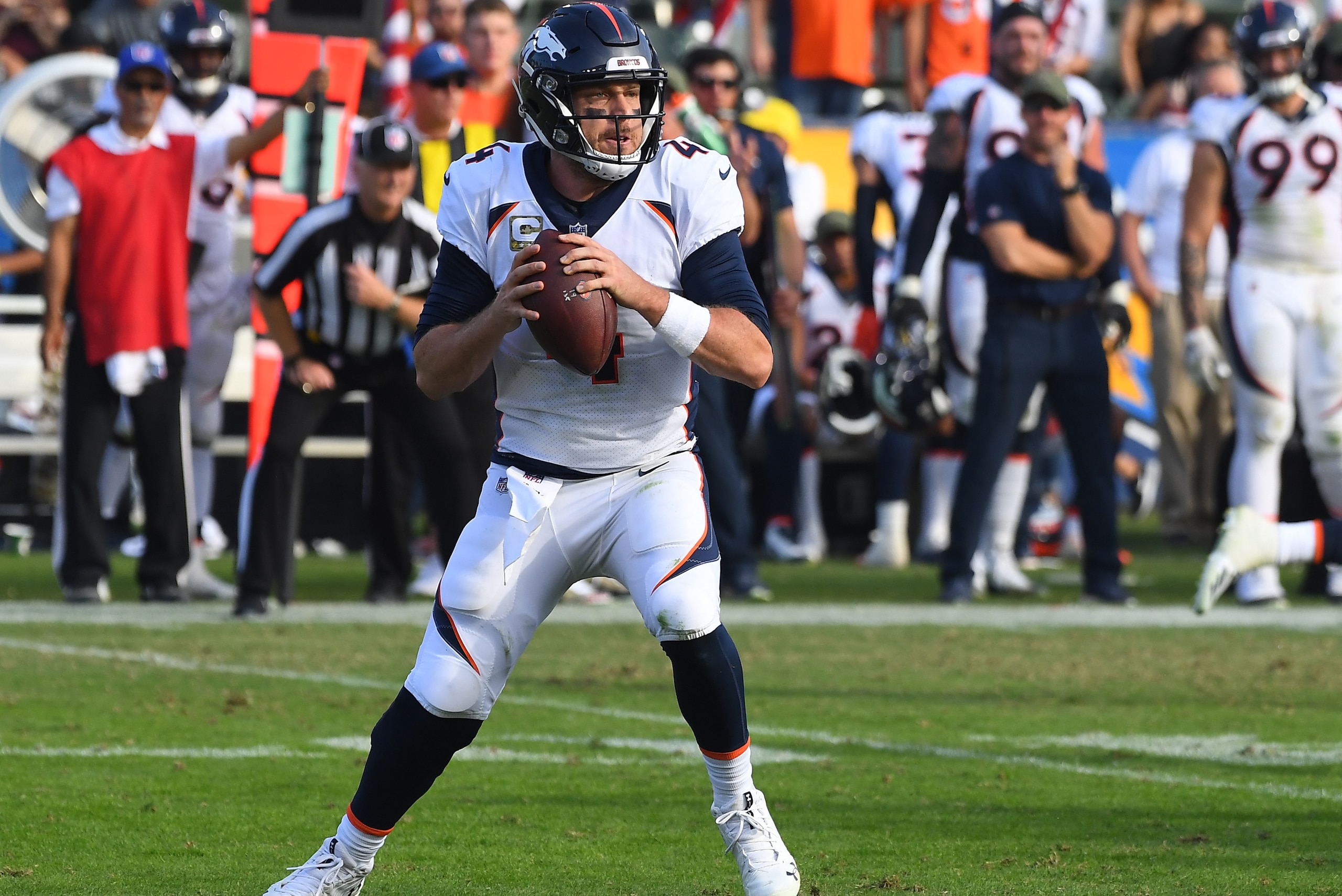 CARSON, CA - NOVEMBER 18: Case Keenum #4 of the Denver Broncos sets to pass in the game against the Los Angeles Chargers at StubHub Center on November 18, 2018 in Carson, California. (Photo by Jayne Kamin-Oncea/Getty Images) CARSON, CA - NOVEMBER 18: Case Keenum #4 of the Denver Broncos sets to pass in the game against the Los Angeles Chargers at StubHub Center on November 18, 2018 in Carson, California. (Photo by Jayne Kamin-Oncea/Getty Images)