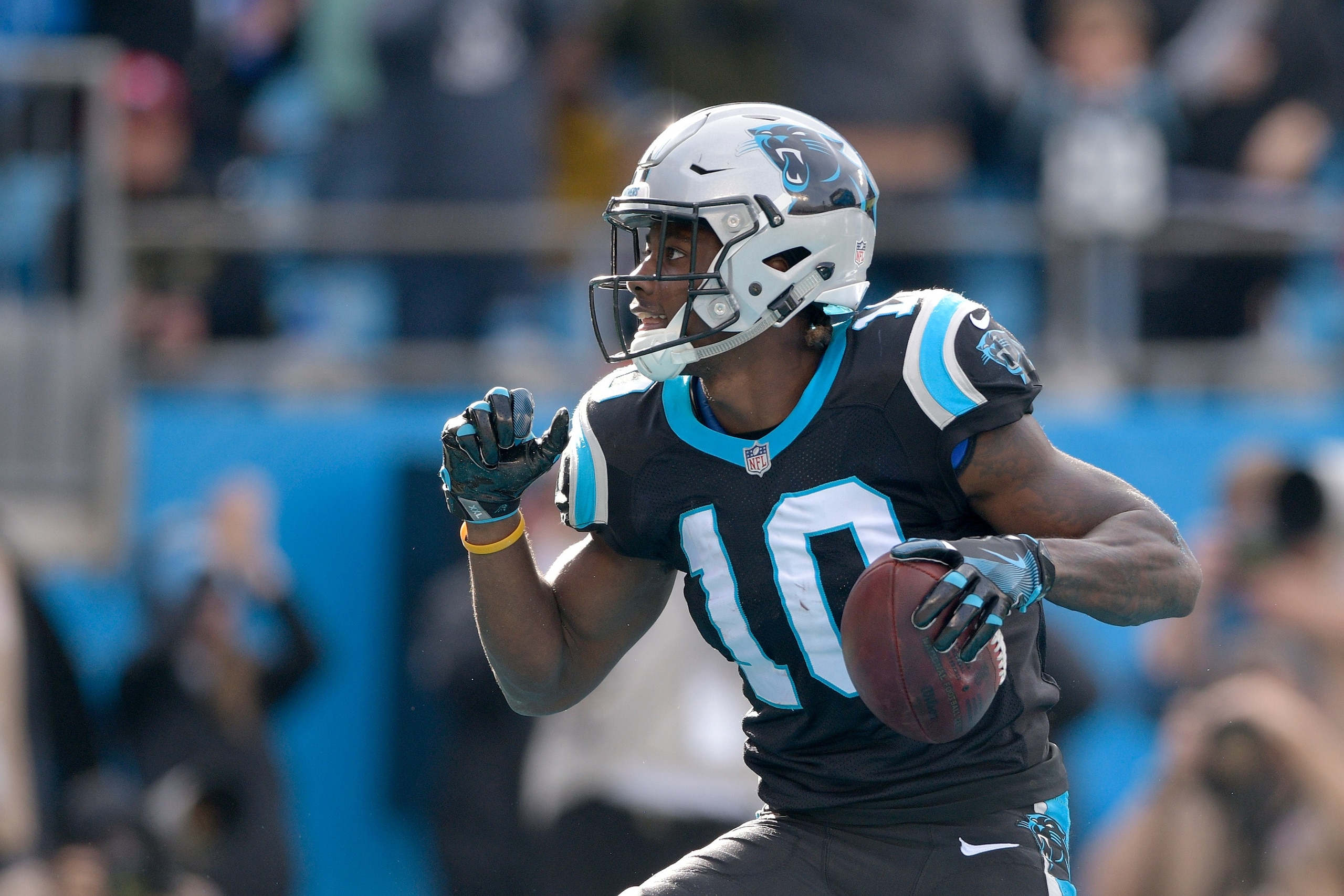 CHARLOTTE, NC - NOVEMBER 25: Curtis Samuel #10 of the Carolina Panthers reacts after scoring a touchdown against the Seattle Seahawks in the second quarter during their game at Bank of America Stadium on November 25, 2018 in Charlotte, North Carolina. ( CHARLOTTE, NC - NOVEMBER 25: Curtis Samuel #10 of the Carolina Panthers reacts after scoring a touchdown against the Seattle Seahawks in the second quarter during their game at Bank of America Stadium on November 25, 2018 in Charlotte, North Carolina. (
