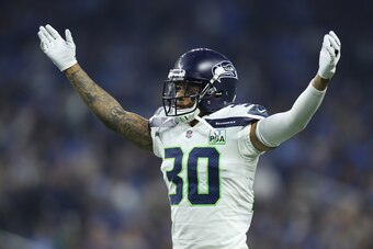 DETROIT, MI - OCTOBER 28: Bradley McDougald #30 of the Seattle Seahawks celebrates a touchdown during the fourth quarter of the game against the Detroit Lions at Ford Field on October 28, 2018 in Detroit, Michigan. Seattle defeated Detroit 28-14. (Photo b