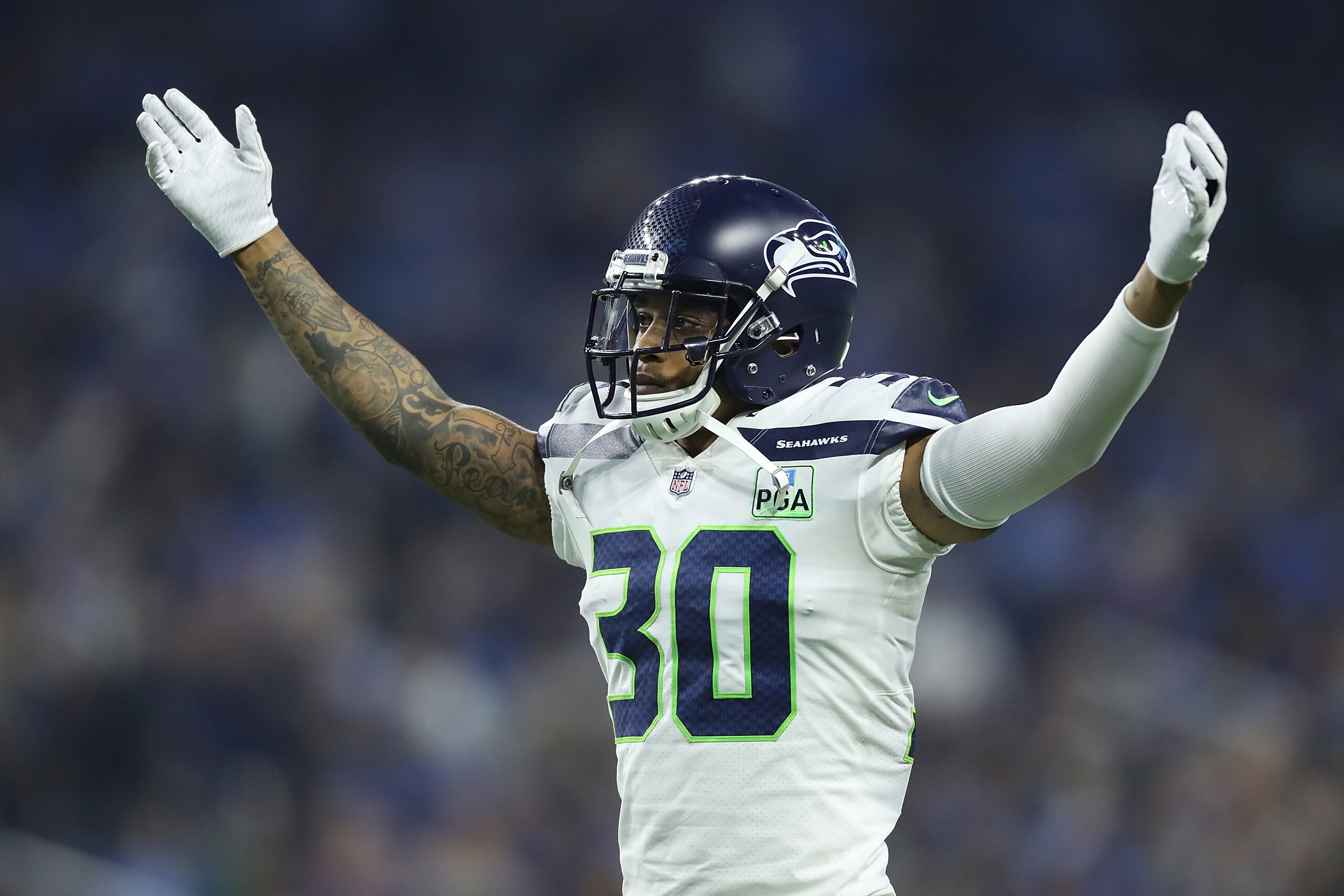 DETROIT, MI - OCTOBER 28: Bradley McDougald #30 of the Seattle Seahawks celebrates a touchdown during the fourth quarter of the game against the Detroit Lions at Ford Field on October 28, 2018 in Detroit, Michigan. Seattle defeated Detroit 28-14. (Photo b DETROIT, MI - OCTOBER 28: Bradley McDougald #30 of the Seattle Seahawks celebrates a touchdown during the fourth quarter of the game against the Detroit Lions at Ford Field on October 28, 2018 in Detroit, Michigan. Seattle defeated Detroit 28-14. (Photo b