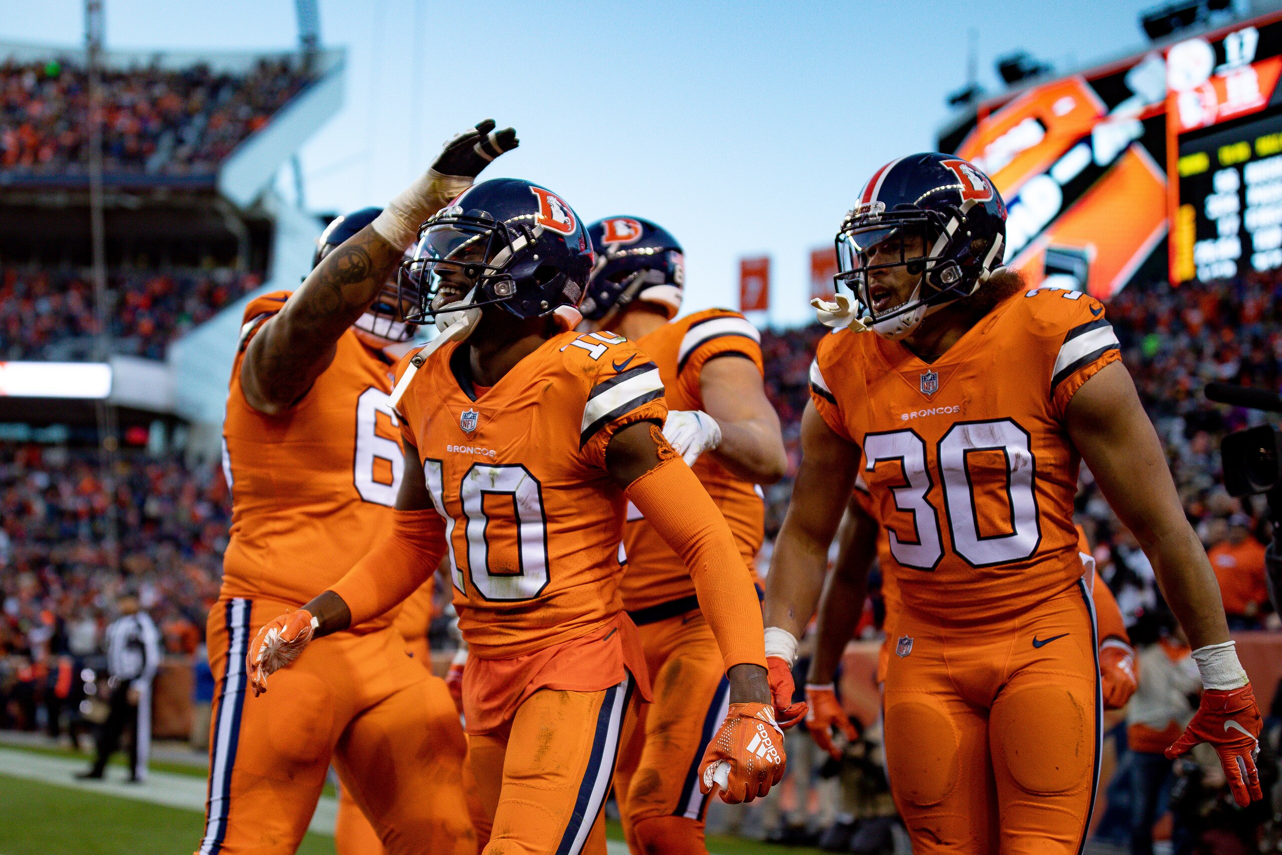 DENVER, CO - NOVEMBER 25:  Wide receiver Emmanuel Sanders #10 of the Denver Broncos celebrates after catching a pass for a third quarter touchdown against the Pittsburgh Steelers at Broncos Stadium at Mile High on November 25, 2018 in Denver, Colorado. (P