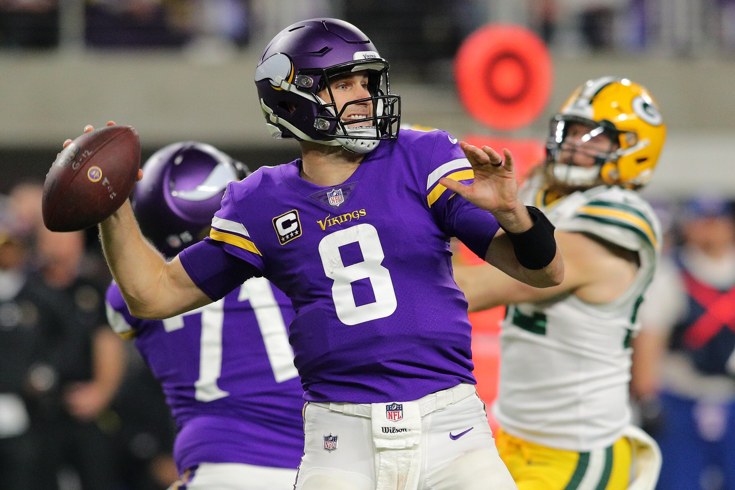 MINNEAPOLIS, MN - NOVEMBER 25: Kirk Cousins #8 of the Minnesota Vikings passes the ball in the third quarter of the game against the Green Bay Packers at U.S. Bank Stadium on November 25, 2018 in Minneapolis, Minnesota. (Photo by Adam Bettcher/Getty Image