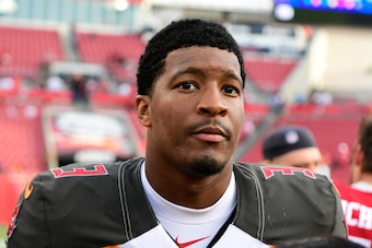 TAMPA, FLORIDA - NOVEMBER 25: Jameis Winston #3 of the Tampa Bay Buccaneers gets interviewed after defeating the San Francisco 49ers 27-9 at Raymond James Stadium on November 25, 2018 in Tampa, Florida. (Photo by Julio Aguilar/Getty Images)