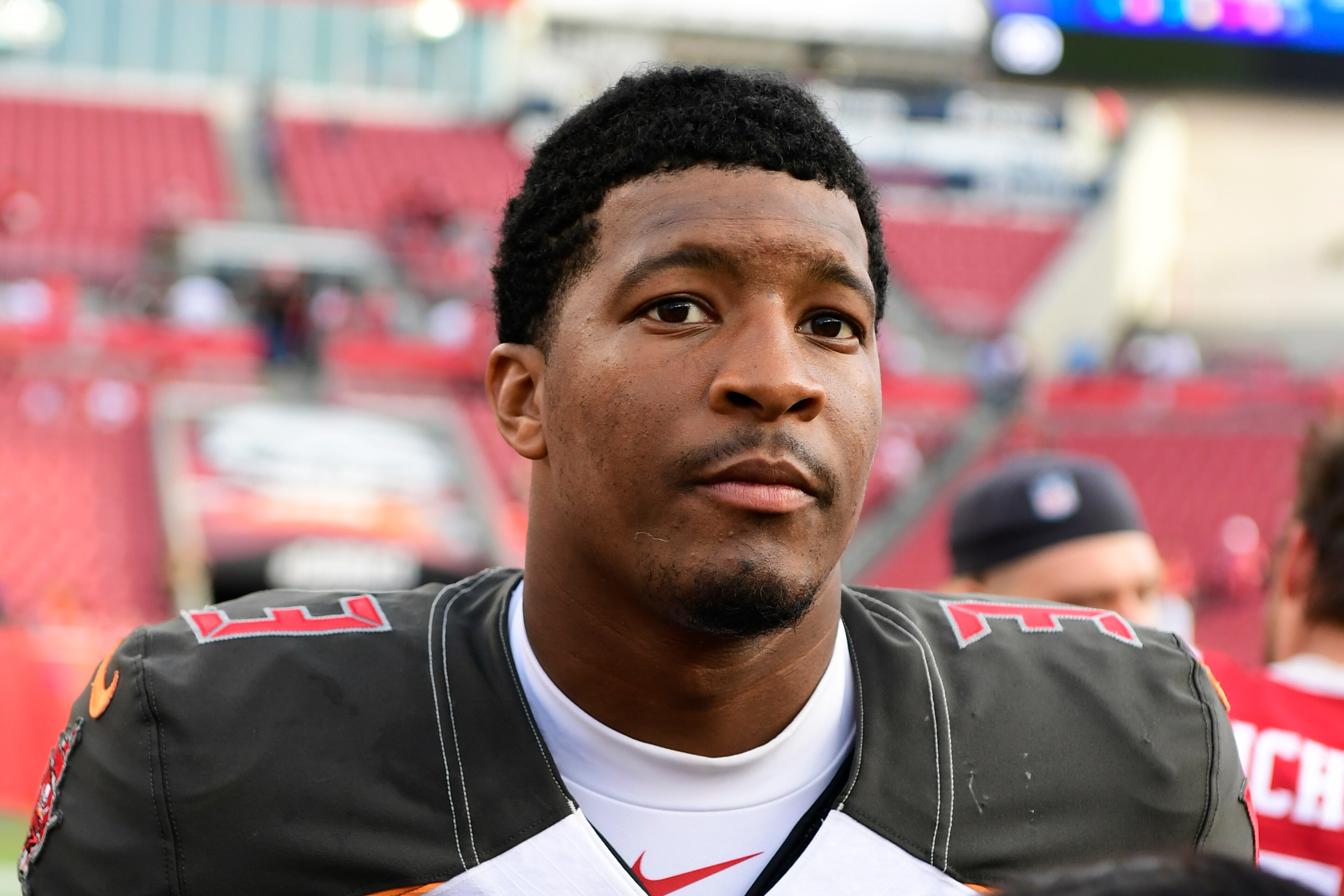TAMPA, FLORIDA - NOVEMBER 25: Jameis Winston #3 of the Tampa Bay Buccaneers gets interviewed after defeating the San Francisco 49ers 27-9 at Raymond James Stadium on November 25, 2018 in Tampa, Florida. (Photo by Julio Aguilar/Getty Images)
