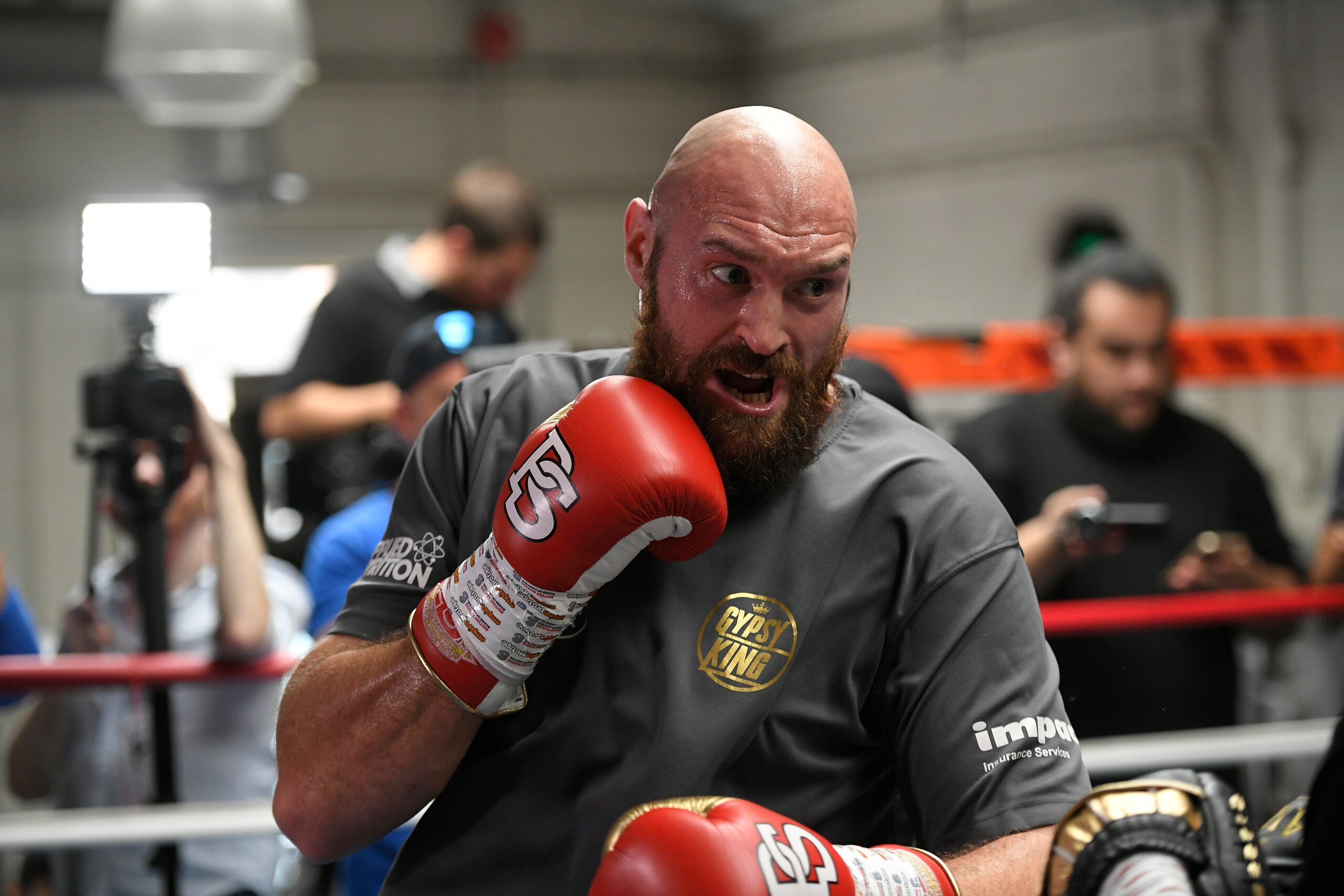 LOS ANGELES, CA - OCTOBER 25: Lineal Heavyweight Champion Tyson Fury works out in front of Los Angeles media in advance of his highly anticipated WBC Heavyweight World Championship against undefeated WBC World Champion Deontay Wilder on December 1at Churc