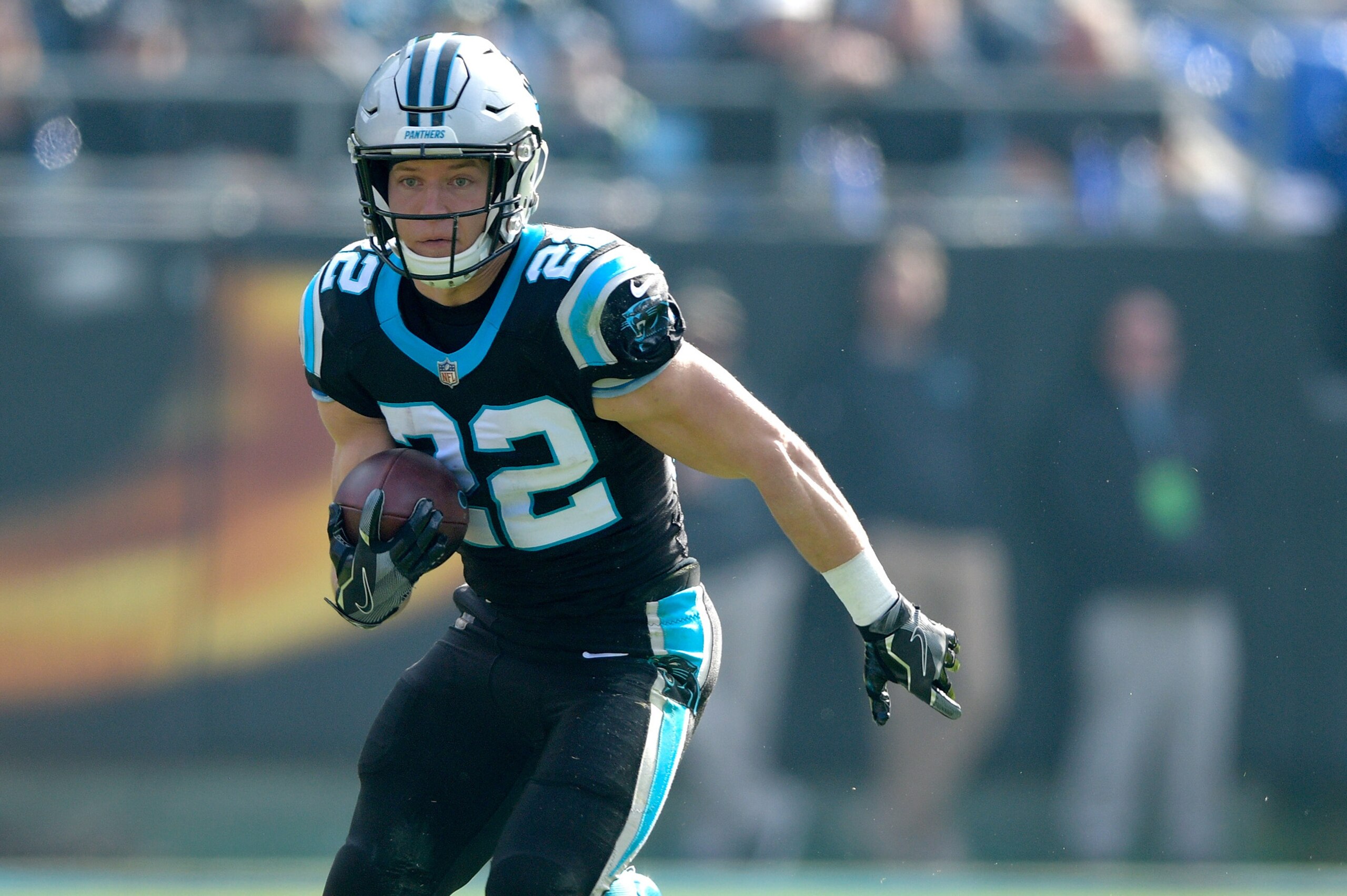 CHARLOTTE, NC - NOVEMBER 25: Christian McCaffrey #22 of the Carolina Panthers runs against the Seattle Seahawks during the second half of their game at Bank of America Stadium on November 25, 2018 in Charlotte, North Carolina. The Seahawks won 30-27. (P CHARLOTTE, NC - NOVEMBER 25: Christian McCaffrey #22 of the Carolina Panthers runs against the Seattle Seahawks during the second half of their game at Bank of America Stadium on November 25, 2018 in Charlotte, North Carolina. The Seahawks won 30-27. (P