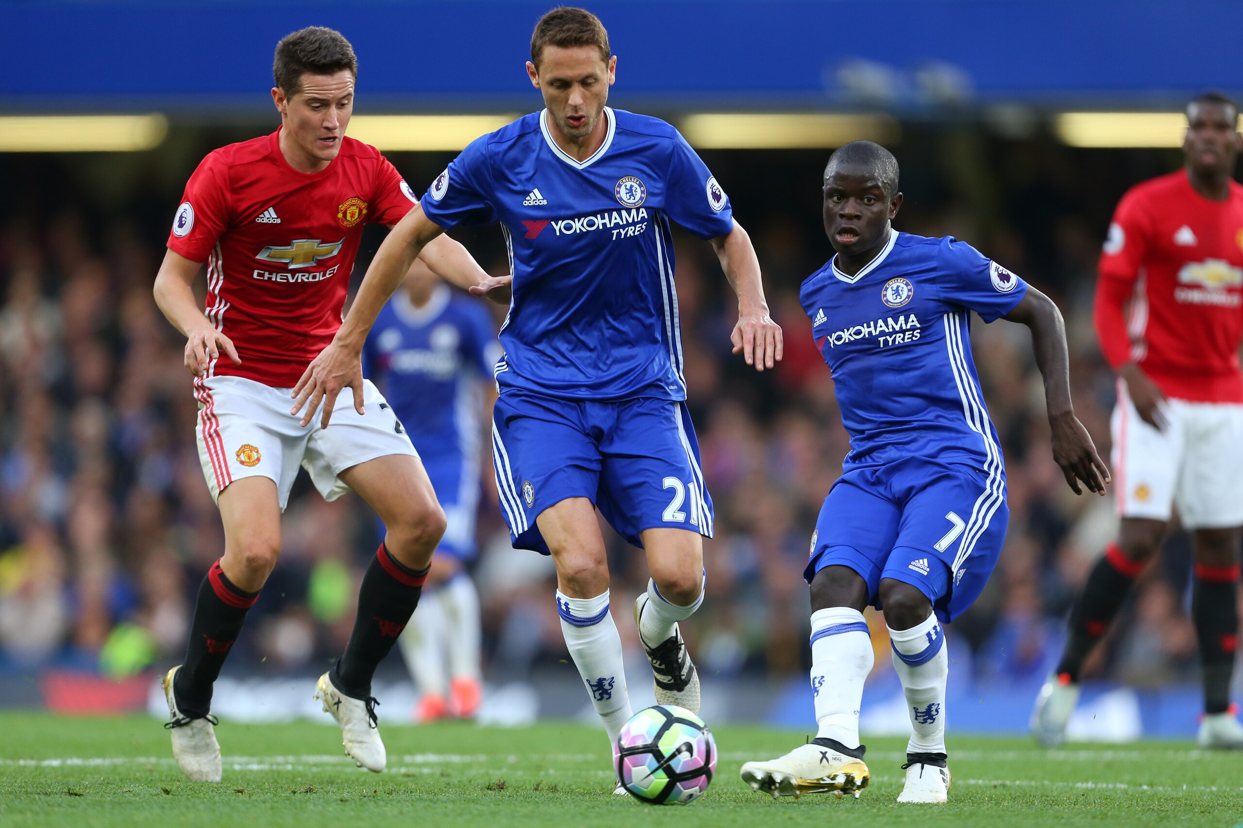 LONDON, ENGLAND - OCTOBER 23: Ander Herrera of Manchester United, Nemanja Matic and Ngolo Kante of Chelsea during the Premier League match between Chelsea and Manchester United at Stamford Bridge on October 23, 2016 in London, England. (Photo by Catherine