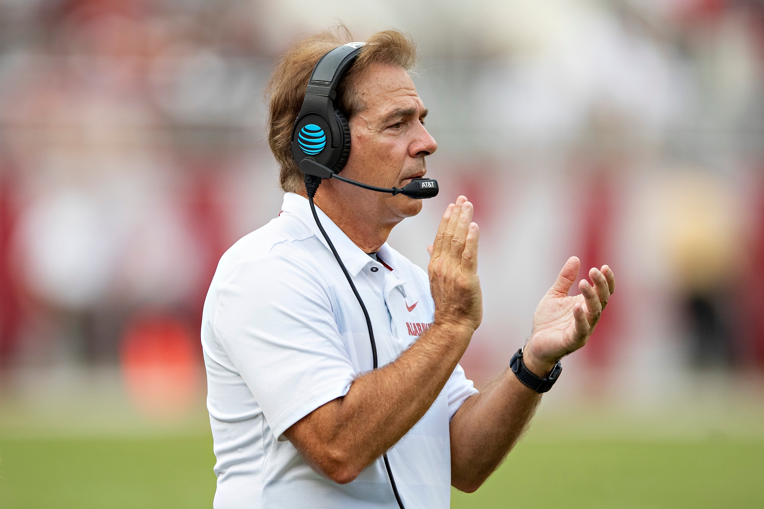 TUSCALOOSA, AL - SEPTEMBER 22:  Head Coach Nick Saban of the Alabama Crimson Tide on the field during a game against the Texas A&M Aggies at Bryant-Denny Stadium on September 22, 2018 in Tuscaloosa, Alabama.  The Crimson Tide defeated the Aggies 45-23.  (