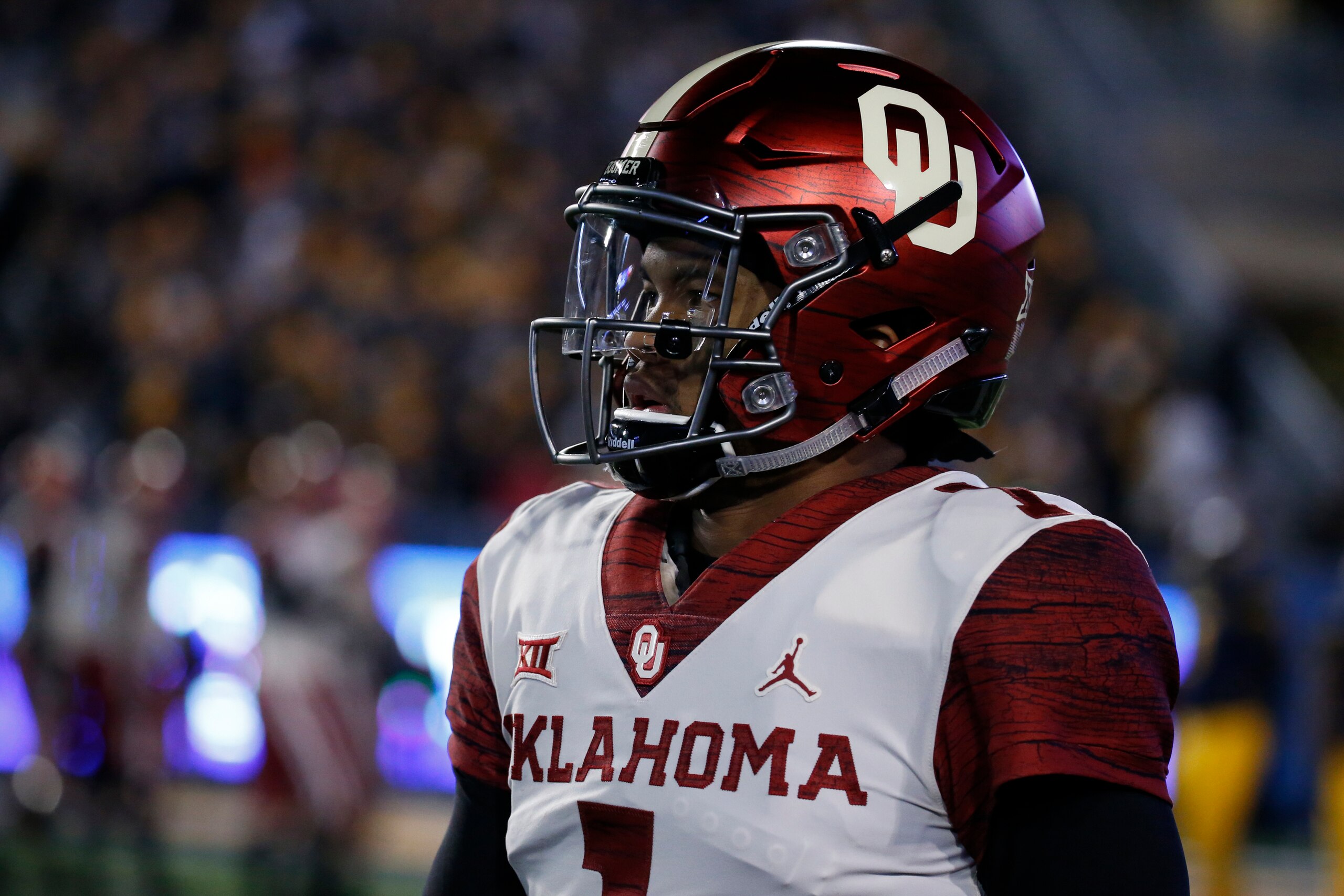 MORGANTOWN, WV - NOVEMBER 23:  Kyler Murray #1 of the Oklahoma Sooners in action against the West Virginia Mountaineers on November 23, 2018 at Mountaineer Field in Morgantown, West Virginia.  (Photo by Justin K. Aller/Getty Images)