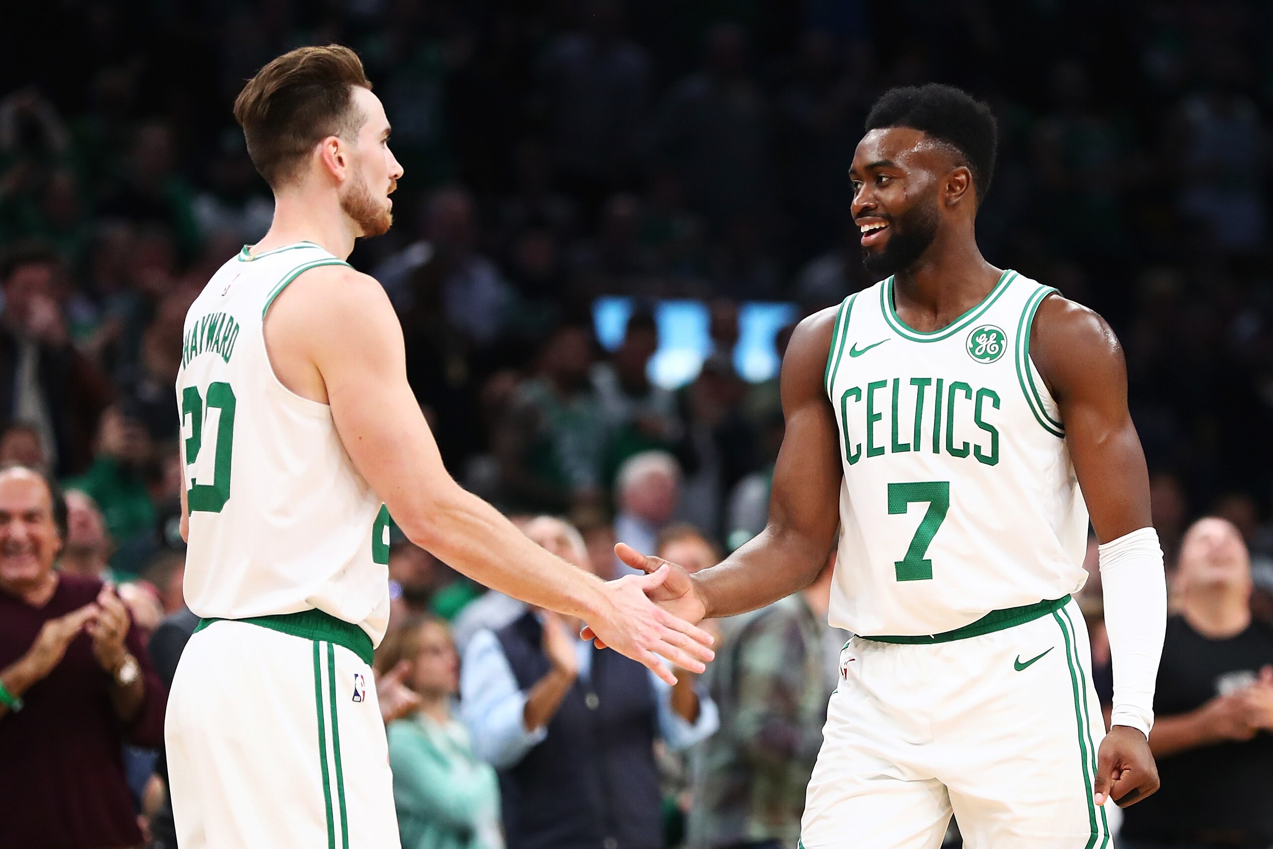 BOSTON, MA - OCTOBER 14: Gordon Hayward #20 high fives Jaylen Brown #7 of the Boston Celtics during a game against ethics's Philadelphia 76ers at TD Garden on October 16, 2018 in Boston, Massachusetts. NOTE TO USER: User expressly acknowledges and agrees BOSTON, MA - OCTOBER 14: Gordon Hayward #20 high fives Jaylen Brown #7 of the Boston Celtics during a game against ethics's Philadelphia 76ers at TD Garden on October 16, 2018 in Boston, Massachusetts. NOTE TO USER: User expressly acknowledges and agrees