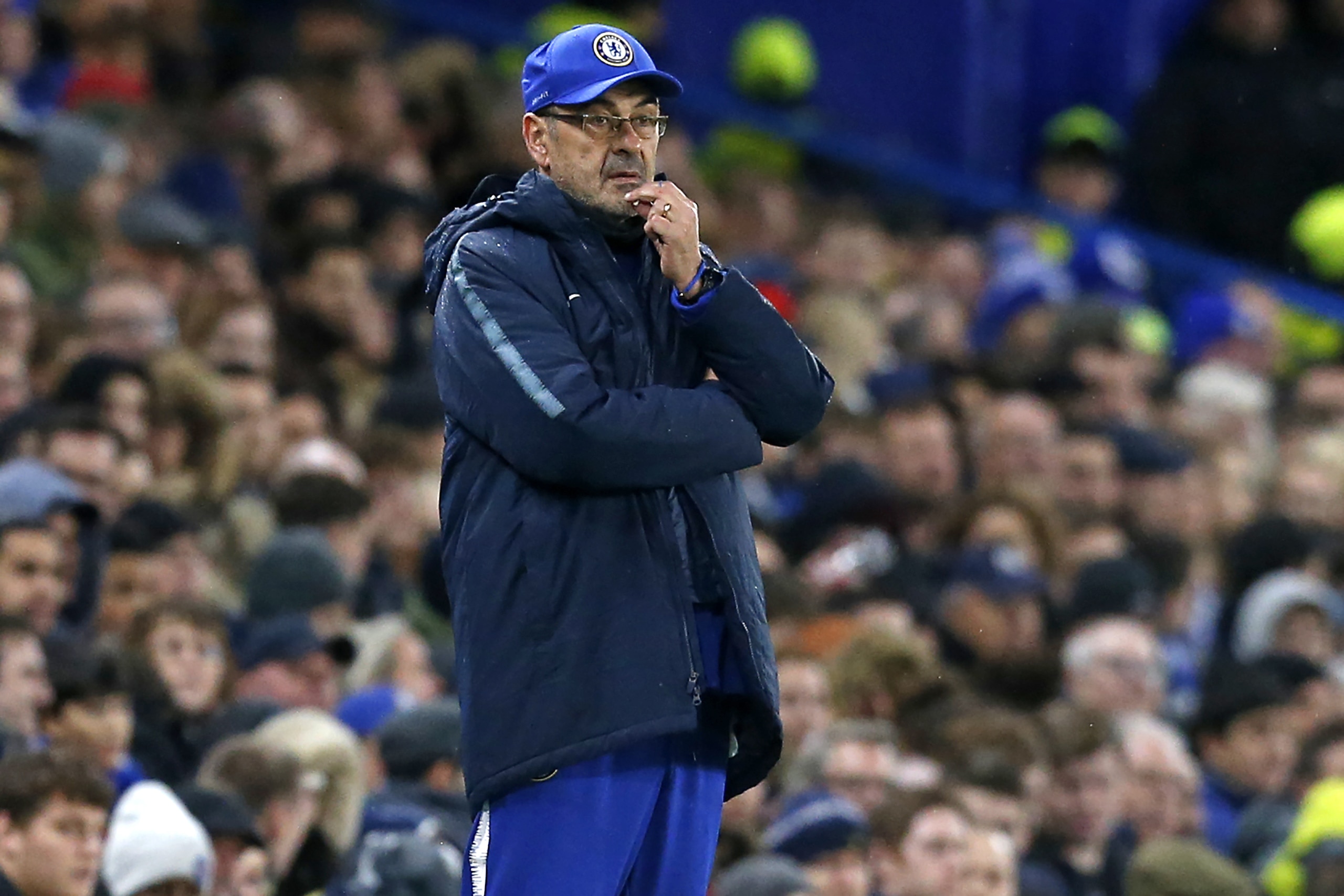 Chelsea's Italian head coach Maurizio Sarri watches from the touchline during the UEFA Europa League Group L football match between Chelsea and PAOK Thessaloniki at Stamford Bridge in London on November 29, 2018. (Photo by Ian KINGTON / AFP)        (Photo