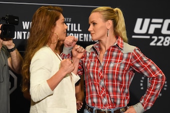 DALLAS, TX - SEPTEMBER 06:   (L-R) Opponents Nicco Montano and Valentina Shevchenko of Kyrgyzstan face off during the UFC 228 ultimate media day on September 6, 2018 in Dallas, Texas. (Photo by Josh Hedges/Zuffa LLC/Zuffa LLC via Getty Images)