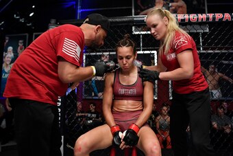 LAS VEGAS, NV - JUNE 26:  Antonina Shevchenko of Kyrgyzstan sits in her corner between rounds of her women's flyweight bout against Jaimee Nievera during Dana White's Tuesday Night Contender Series at the TUF Gym on June 26, 2018 in Las Vegas, Nevada. (Ph