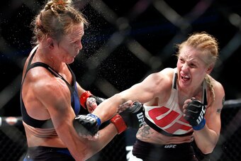 Shevchenko lands a right hand on Holly Holm at UFC on Fox 20.