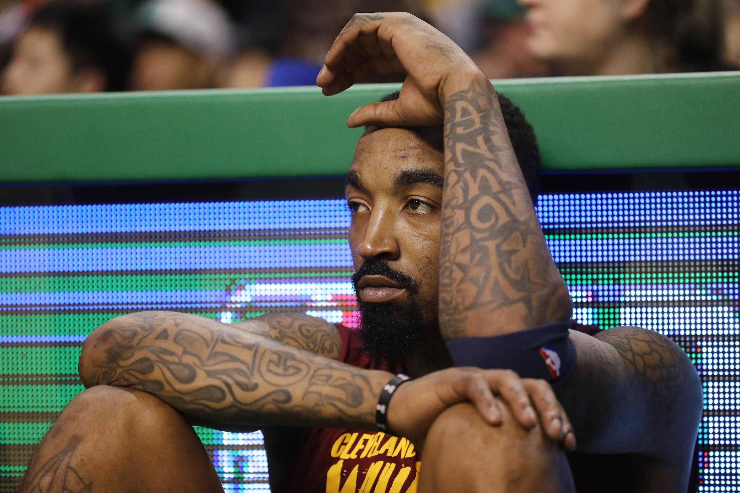 BOSTON, MA - MAY 13: JR Smith #5 of the Cleveland Cavaliers reacts from the bench late in the fourth quarter in his teams loss to the Boston Celtics in Game One of the Eastern Conference Finals of the 2018 NBA Playoffs at TD Garden on May 13, 2018 in Bost BOSTON, MA - MAY 13: JR Smith #5 of the Cleveland Cavaliers reacts from the bench late in the fourth quarter in his teams loss to the Boston Celtics in Game One of the Eastern Conference Finals of the 2018 NBA Playoffs at TD Garden on May 13, 2018 in Bost