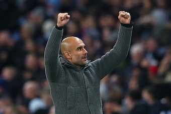 MANCHESTER, ENGLAND - NOVEMBER 01:  Josep Guardiola, Manager of Manchester City celebrates after Brahim Diaz of Manchester City scores their team's first goal during the Carabao Cup Fourth Round match between Manchester City and Fulham at Etihad Stadium o