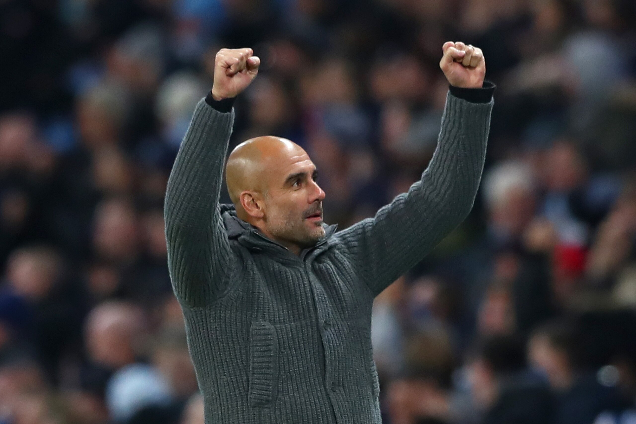 MANCHESTER, ENGLAND - NOVEMBER 01:  Josep Guardiola, Manager of Manchester City celebrates after Brahim Diaz of Manchester City scores their team's first goal during the Carabao Cup Fourth Round match between Manchester City and Fulham at Etihad Stadium o