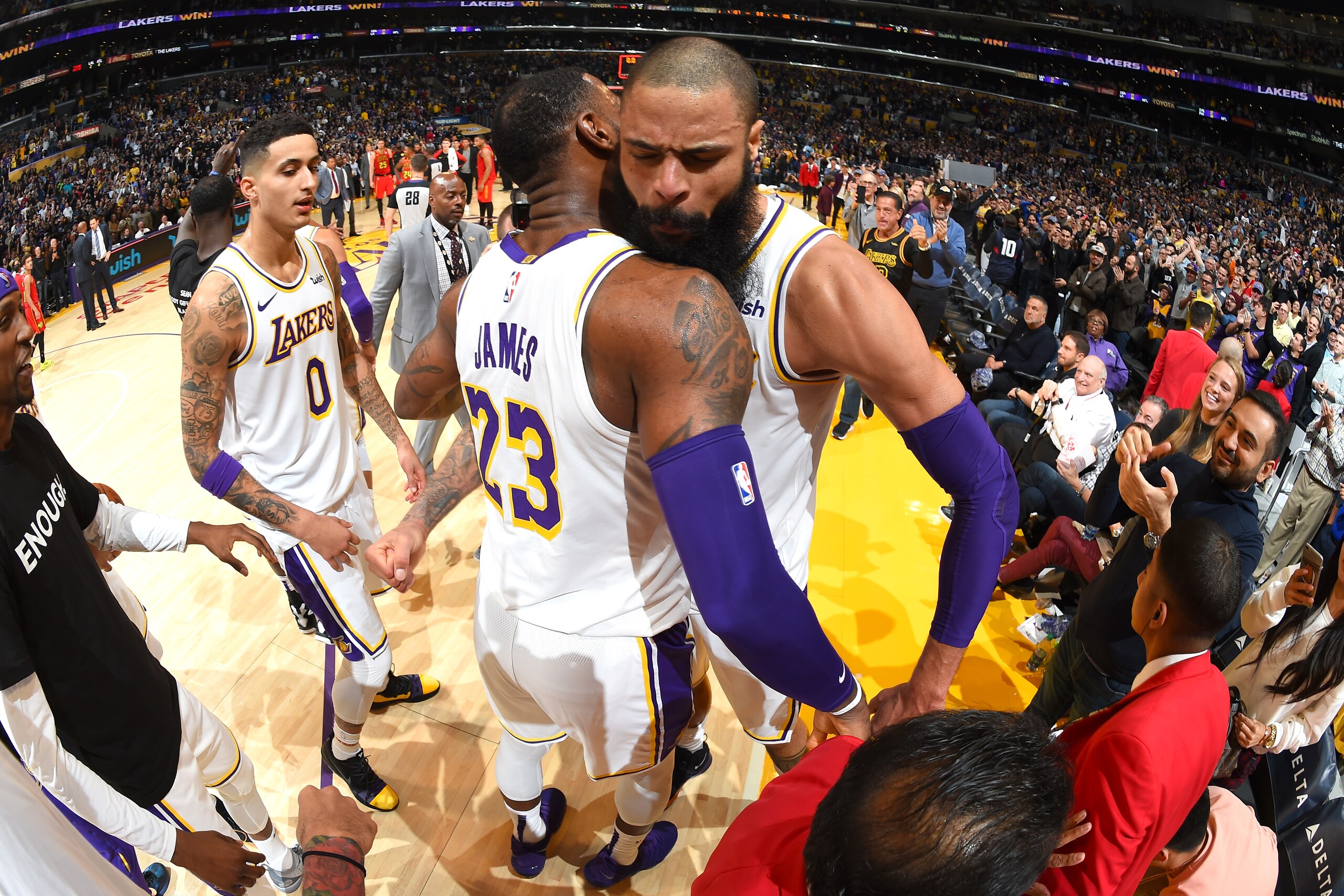 LOS ANGELES, CA - NOVEMBER 11: Tyson Chandler #5 of the Los Angeles Lakers celebrates to a Laker's win with LeBron James #23 of the Los Angeles Lakers after the game against the Atlanta Hawks on November 11, 2018 at STAPLES Center in Los Angeles, Californ LOS ANGELES, CA - NOVEMBER 11: Tyson Chandler #5 of the Los Angeles Lakers celebrates to a Laker's win with LeBron James #23 of the Los Angeles Lakers after the game against the Atlanta Hawks on November 11, 2018 at STAPLES Center in Los Angeles, Californ