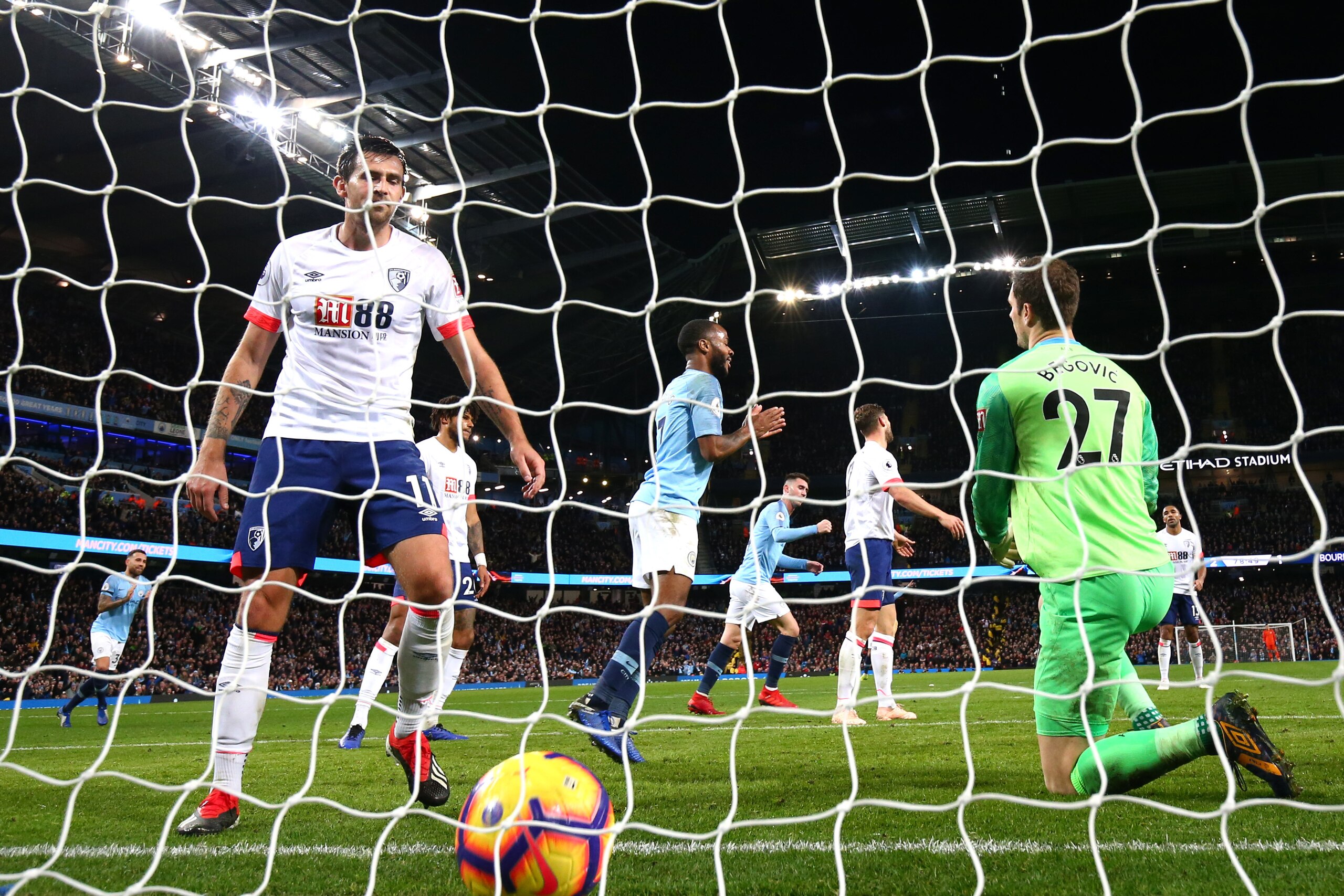 MANCHESTER, ENGLAND - DECEMBER 01:  Raheem Sterling of Manchester City celebrates after scoring his team's second goal during the Premier League match between Manchester City and AFC Bournemouth at Etihad Stadium on December 1, 2018 in Manchester, United 